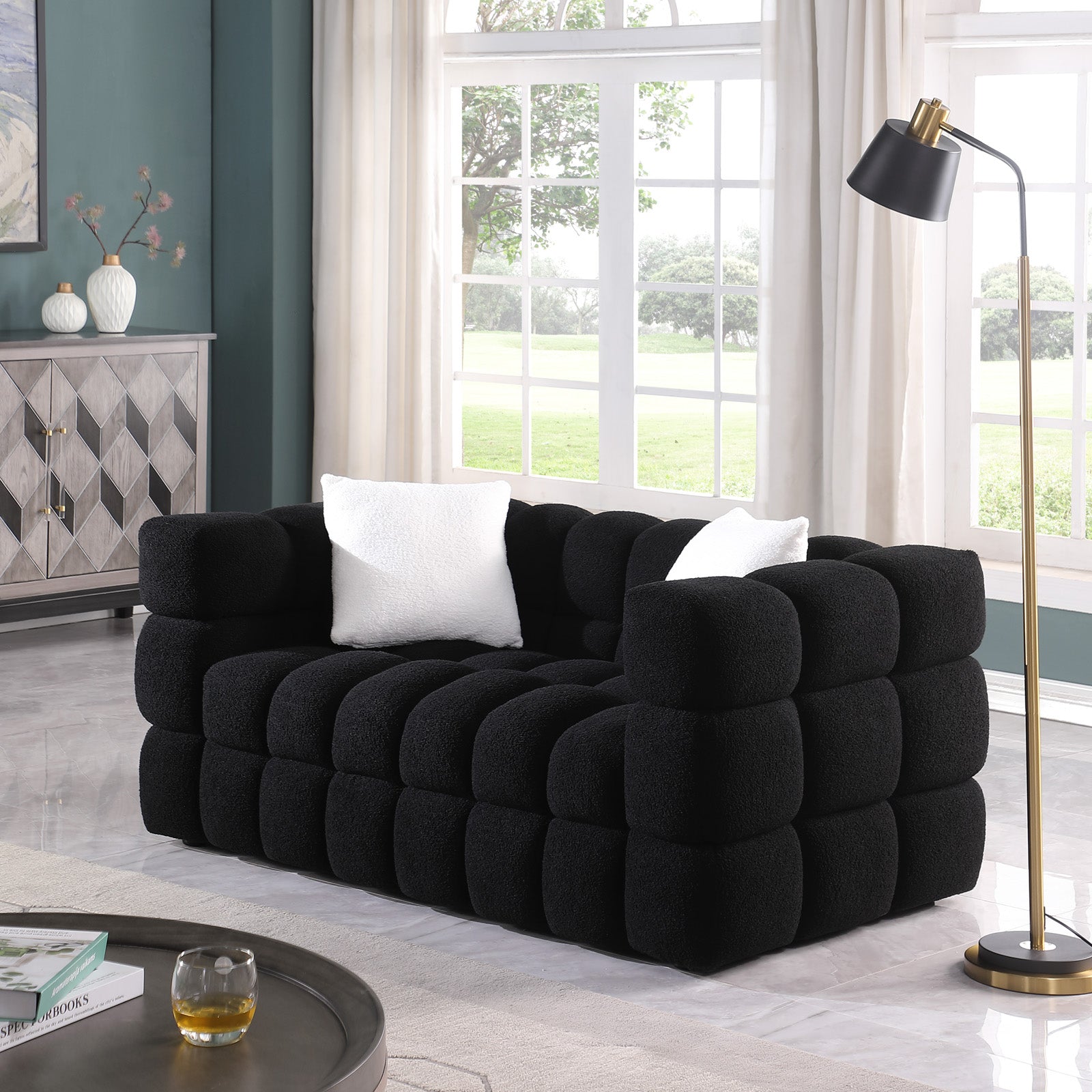 62.2Length ,35.83" Deepth ,Human Body Structure For Usa People, Marshmallow Sofa,Boucle Sofa ,Black Color, 2 Seater Black Light Brown Wood Primary Living Space Medium Soft Split Back Eucalyptus Square Arms Boucle 2 Seat