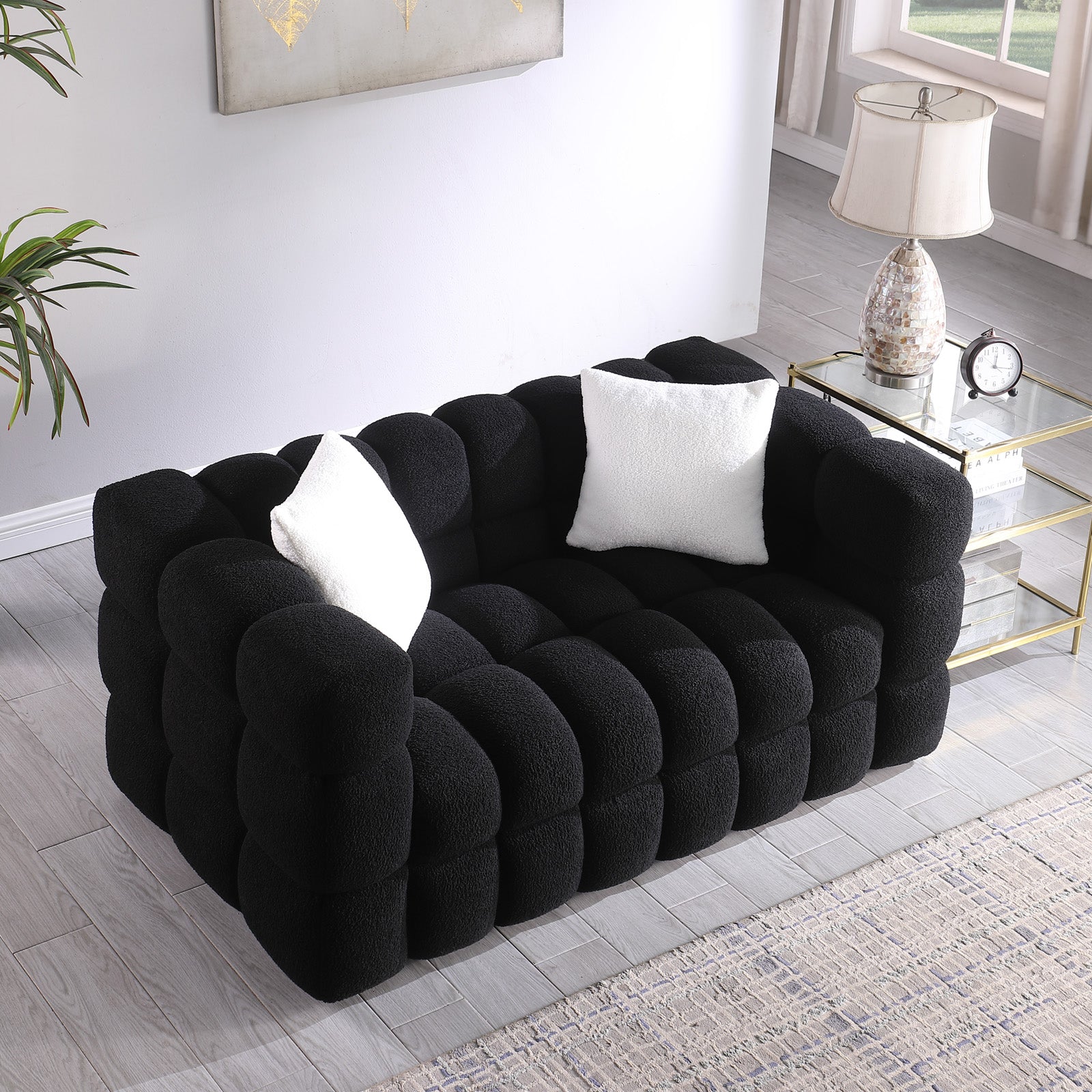 62.2Length ,35.83" Deepth ,Human Body Structure For Usa People, Marshmallow Sofa,Boucle Sofa ,Black Color, 2 Seater Black Light Brown Wood Primary Living Space Medium Soft Split Back Eucalyptus Square Arms Boucle 2 Seat