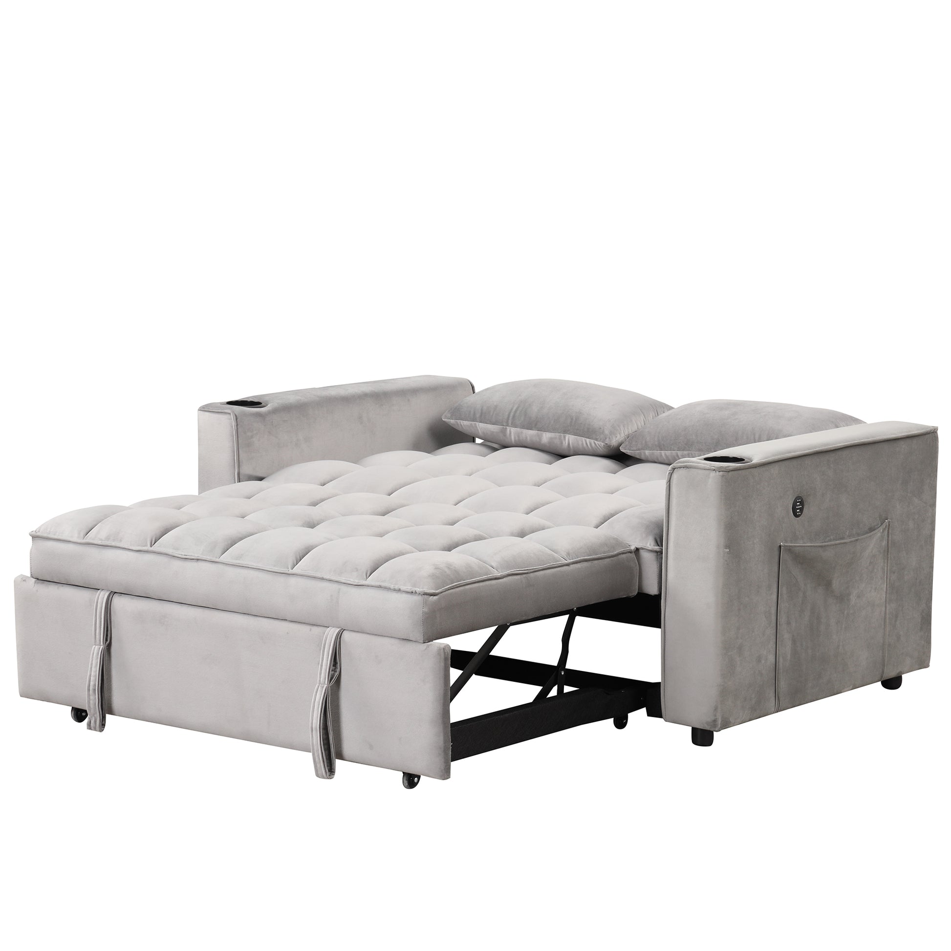 58" 4 1 Multi Functional Sofa Bed With Cup Holder And Usb Port For Living Room Or Apartments, Gray Gray Foam 2 Seat