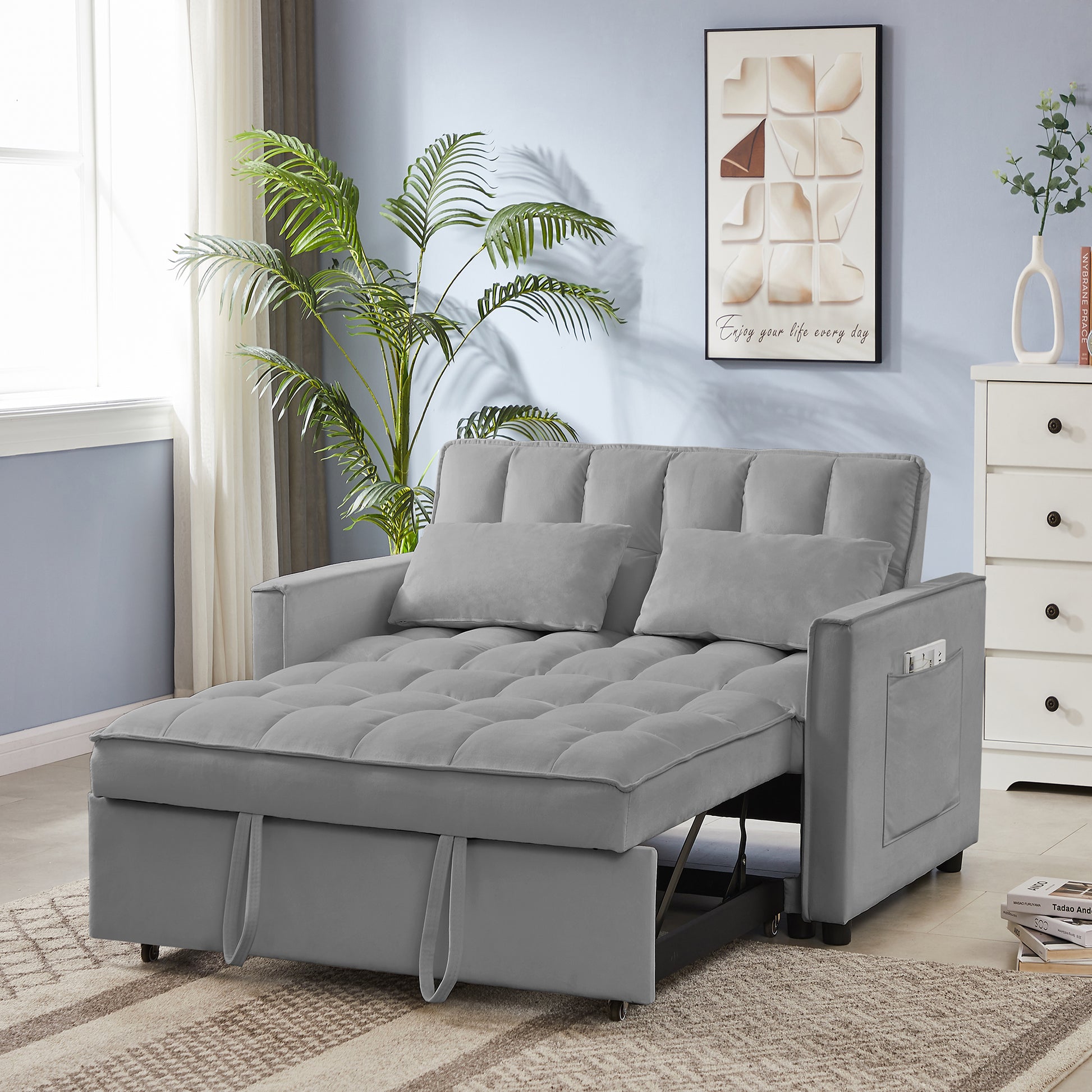 Grey Velvet Loveseat Sofa Bed 7Cm Legs Grey Wood Tufted Back Square Arms Foam Velvet 2 Seat