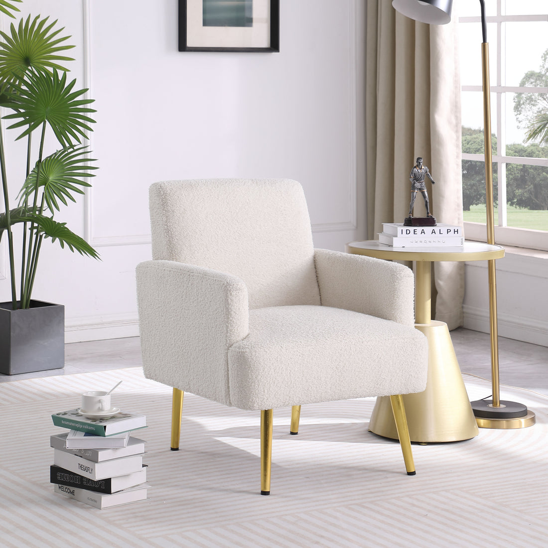 Reading Armchair Living Room Comfy Accent Chairs, Bedroom Chairs For Office Bedroom With Arm Rest, Lounge Chair For Office And Study Beige Fabric