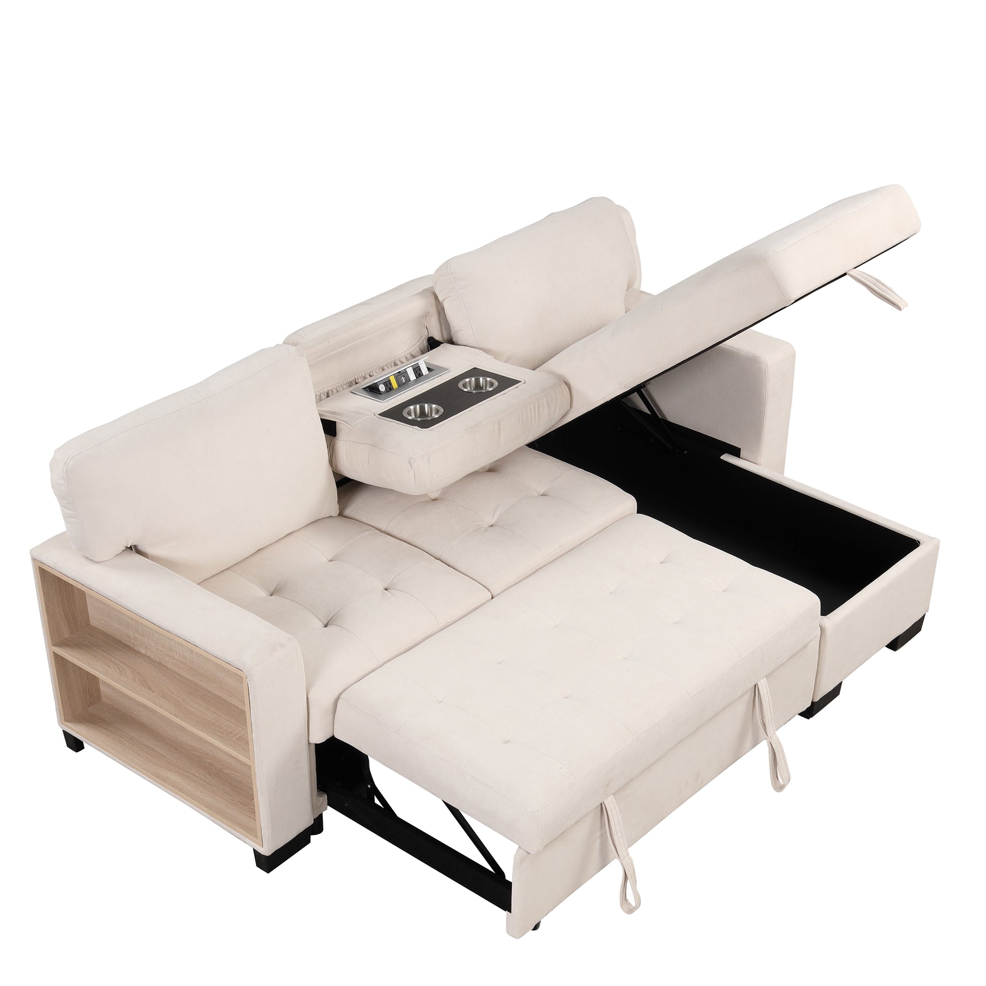 Stylish And Functional Light Chaise Lounge Sectional With Storage Rack Pull Out Bed Drop Down Table And Usb Charger Beige Beige Foam Spring