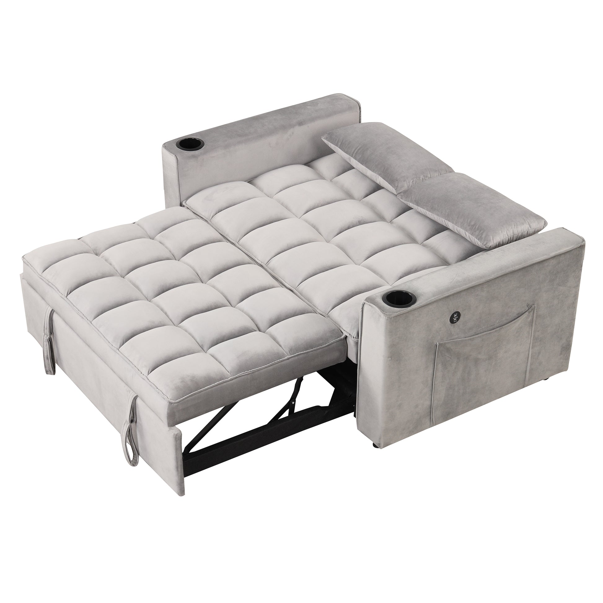 58" 4 1 Multi Functional Sofa Bed With Cup Holder And Usb Port For Living Room Or Apartments, Gray Gray Foam 2 Seat