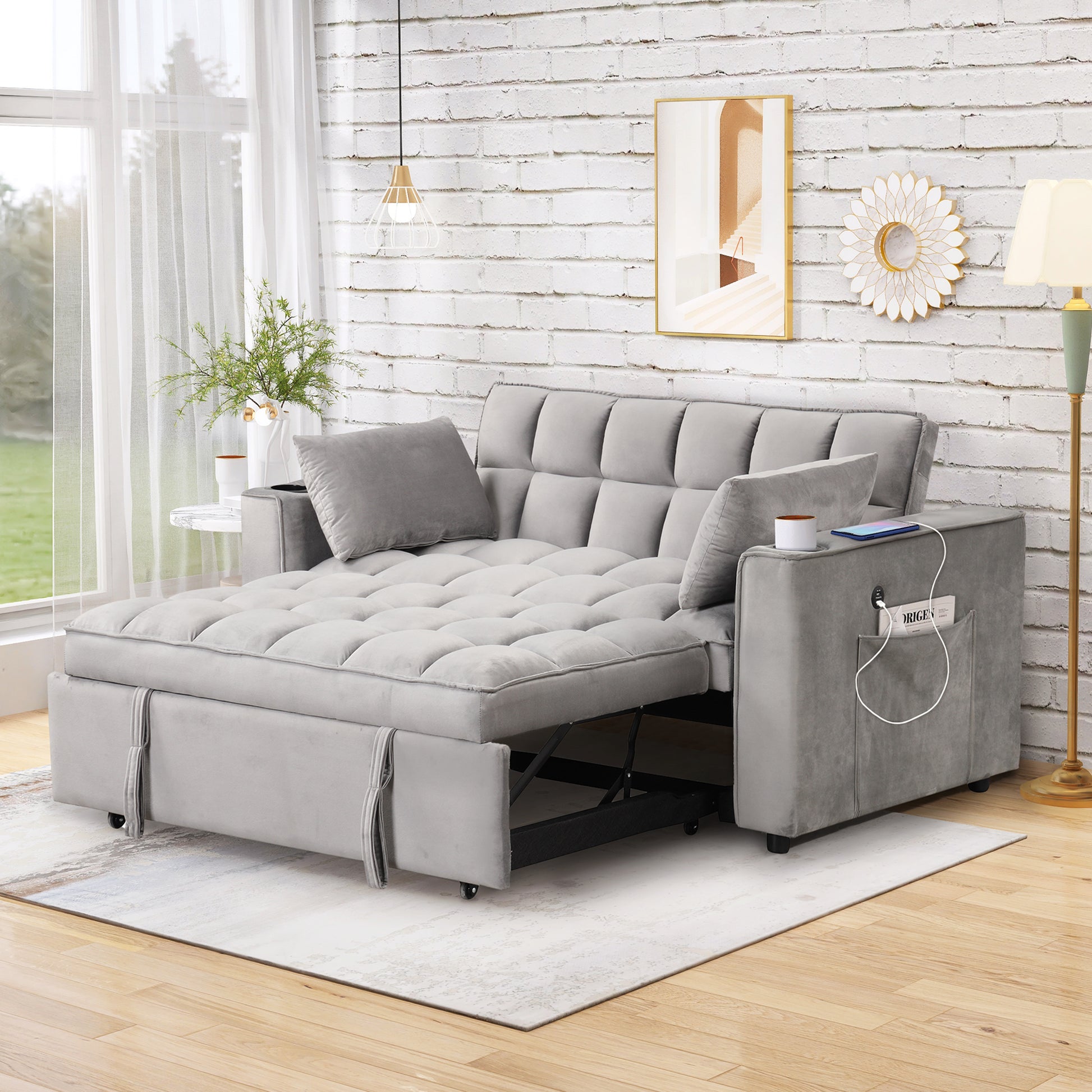 58" 4 1 Multi Functional Sofa Bed With Cup Holder And Usb Port For Living Room Or Apartments, Gray Gray Foam 2 Seat