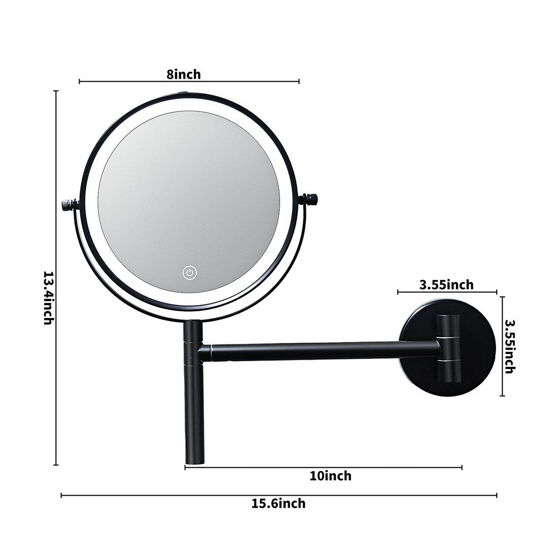 8 Inch 3 Colors LED Lighted, Wall Mounted Makeup black-metal