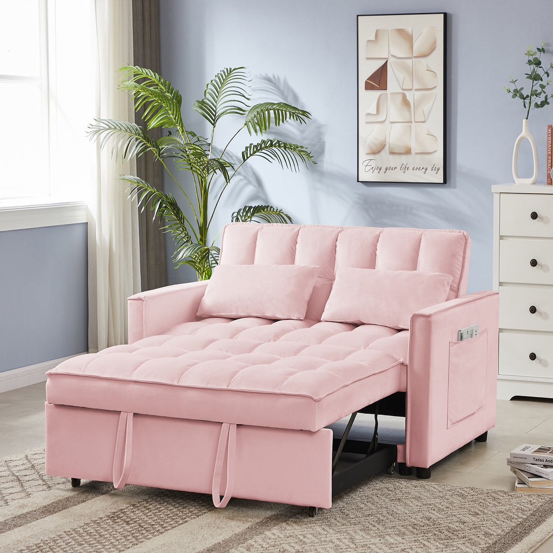 Pink Velvet Loveseat Sofa Bed Pink Wood Tufted Back Square Arms Foam Velvet