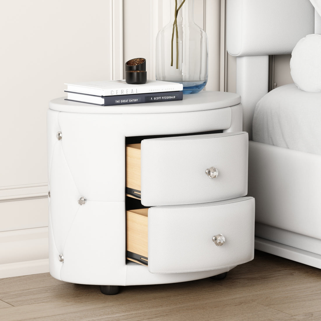 Elegant Pu Nightstand With 2 Drawers And Crystal Handle,Fully Assembled Except Legs&Handles,Storage Bedside Table White White Pu