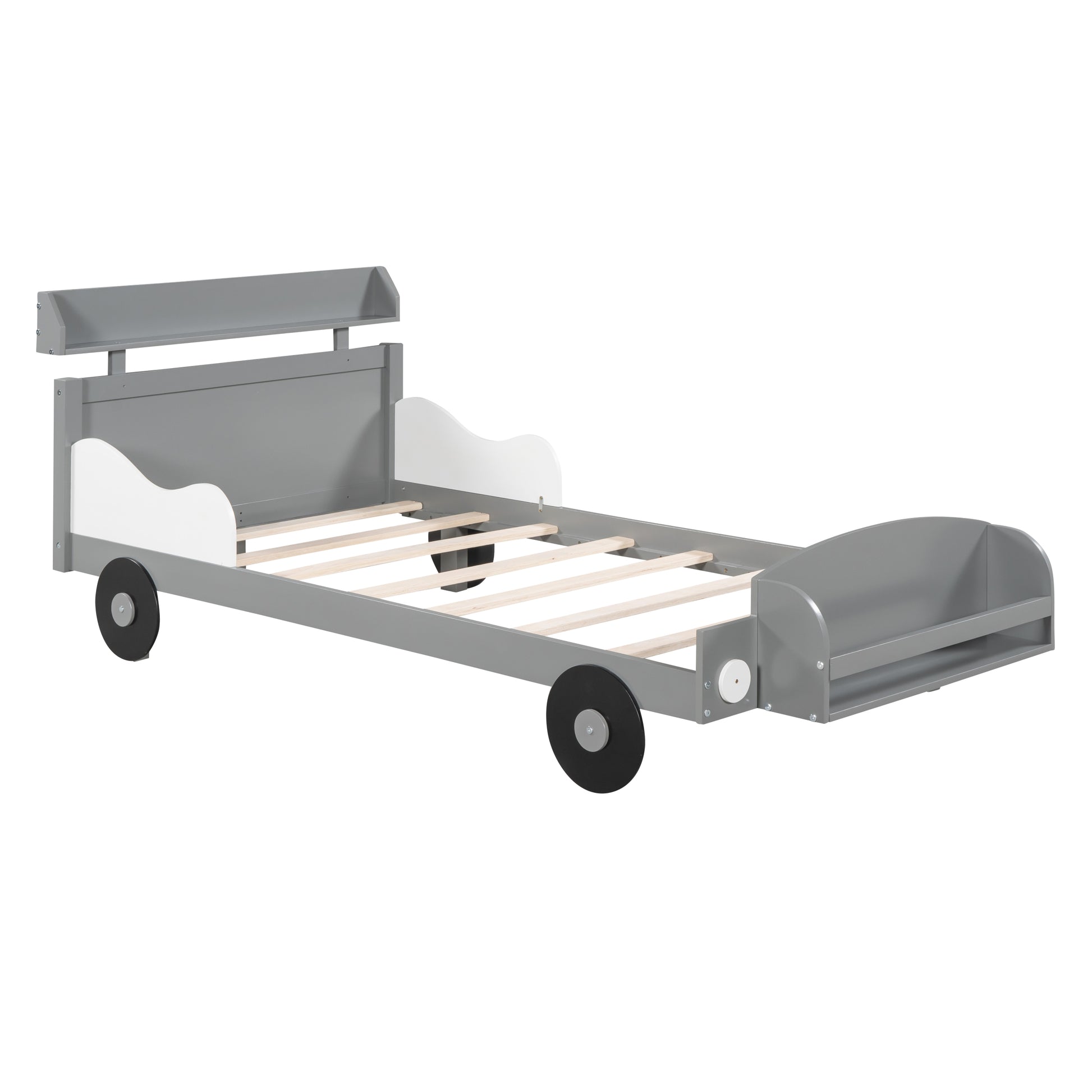 Twin Size Car Shaped Platform Bed,Twin Bed With Storage Shelf For Bedroom,Gray Gray Wood