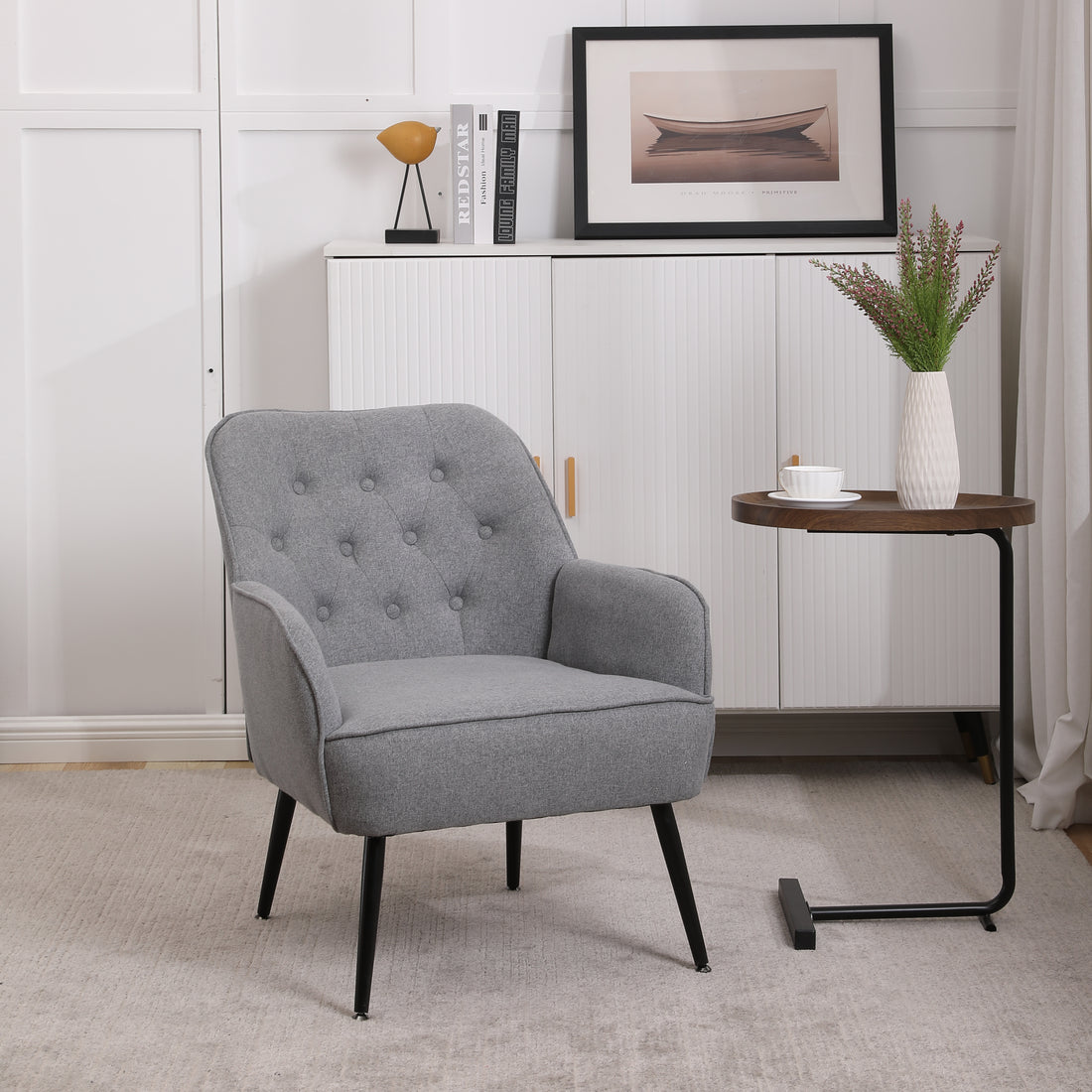 Modern Mid Century Chair Linen Sherpa Armchair For Living Room Bedroom Office Easy Assemble Light Grey Light Gray Primary Living Space Foam Linen