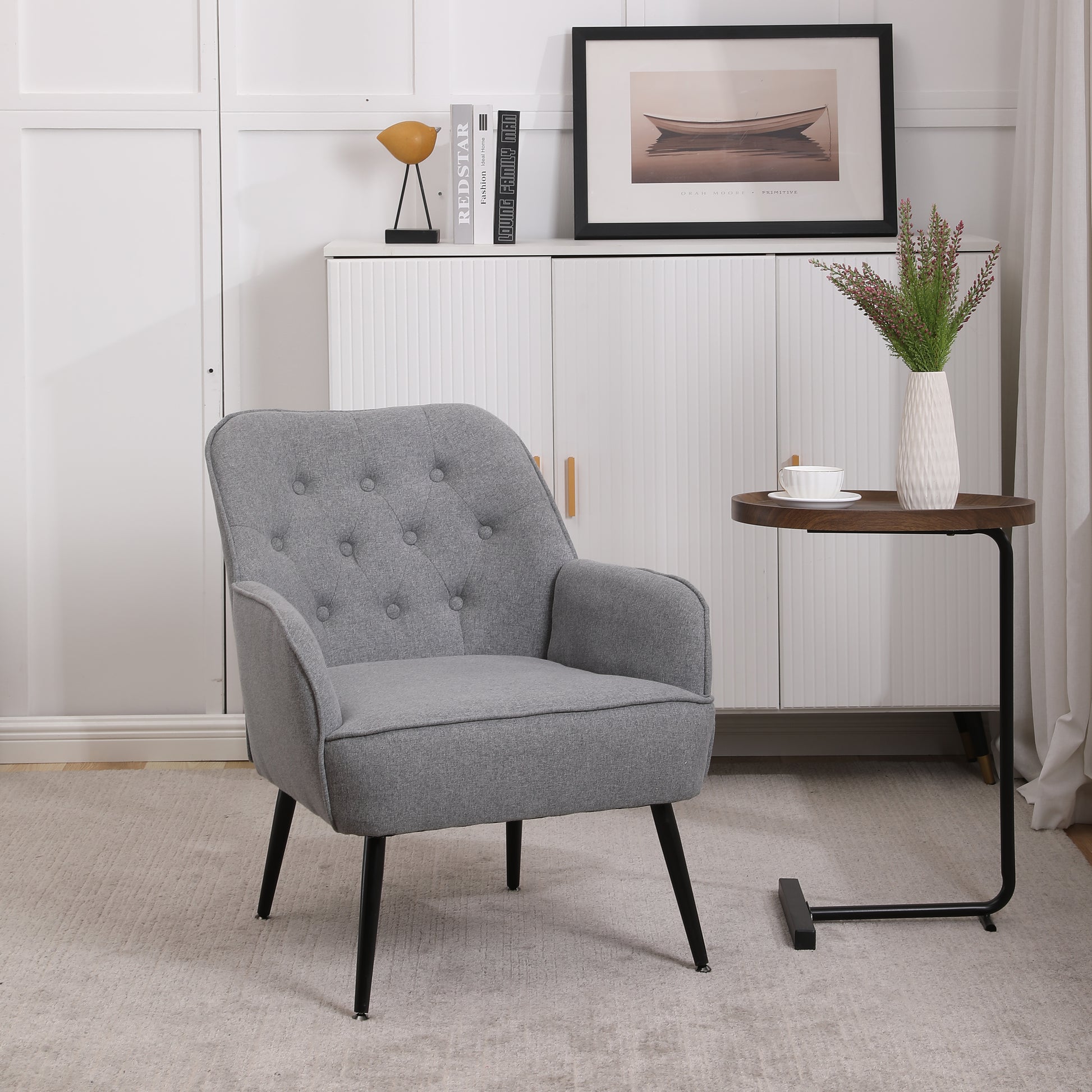 Modern Mid Century Chair Linen Sherpa Armchair For Living Room Bedroom Office Easy Assemble Light Grey Light Gray Primary Living Space Foam Linen