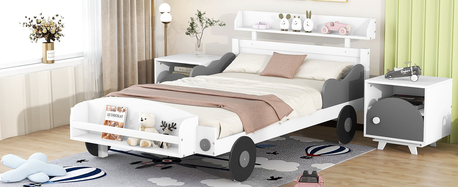 Twin Size Car Shaped Platform Bed,Twin Bed with white-wood