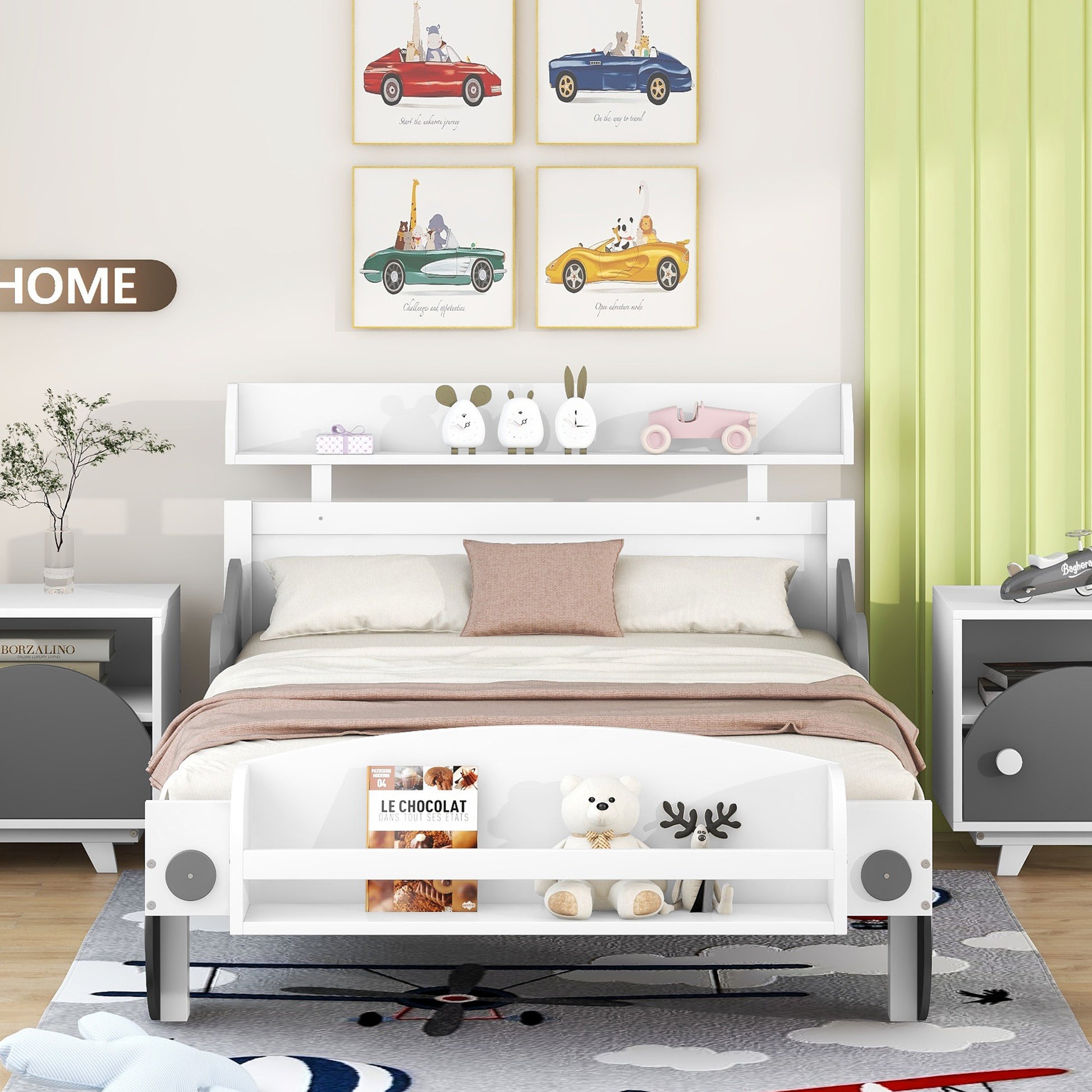 Twin Size Car Shaped Platform Bed,Twin Bed With Storage Shelf For Bedroom,White White Wood