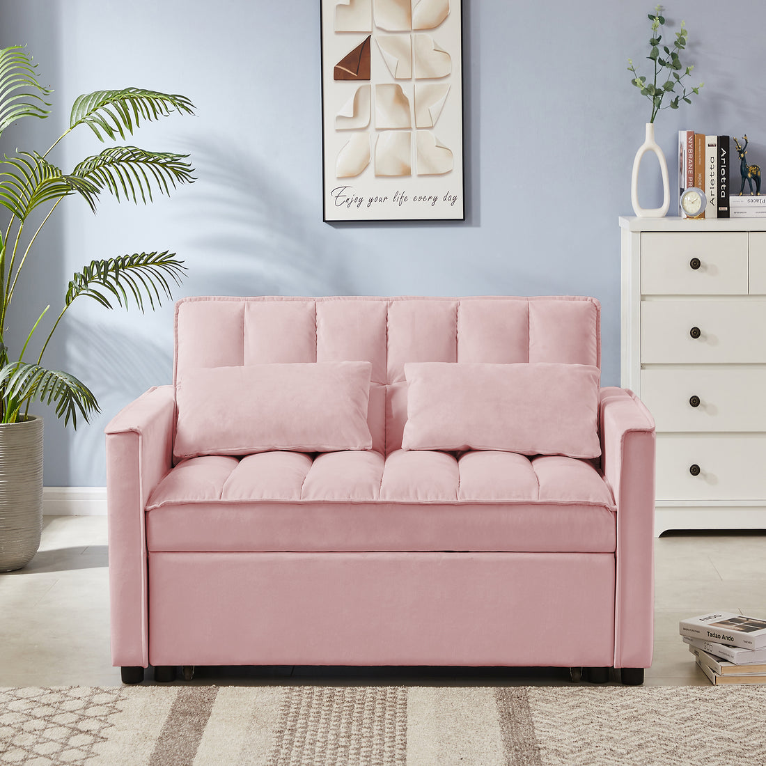 Pink Velvet Loveseat Sofa Bed Pink Wood Tufted Back Square Arms Foam Velvet