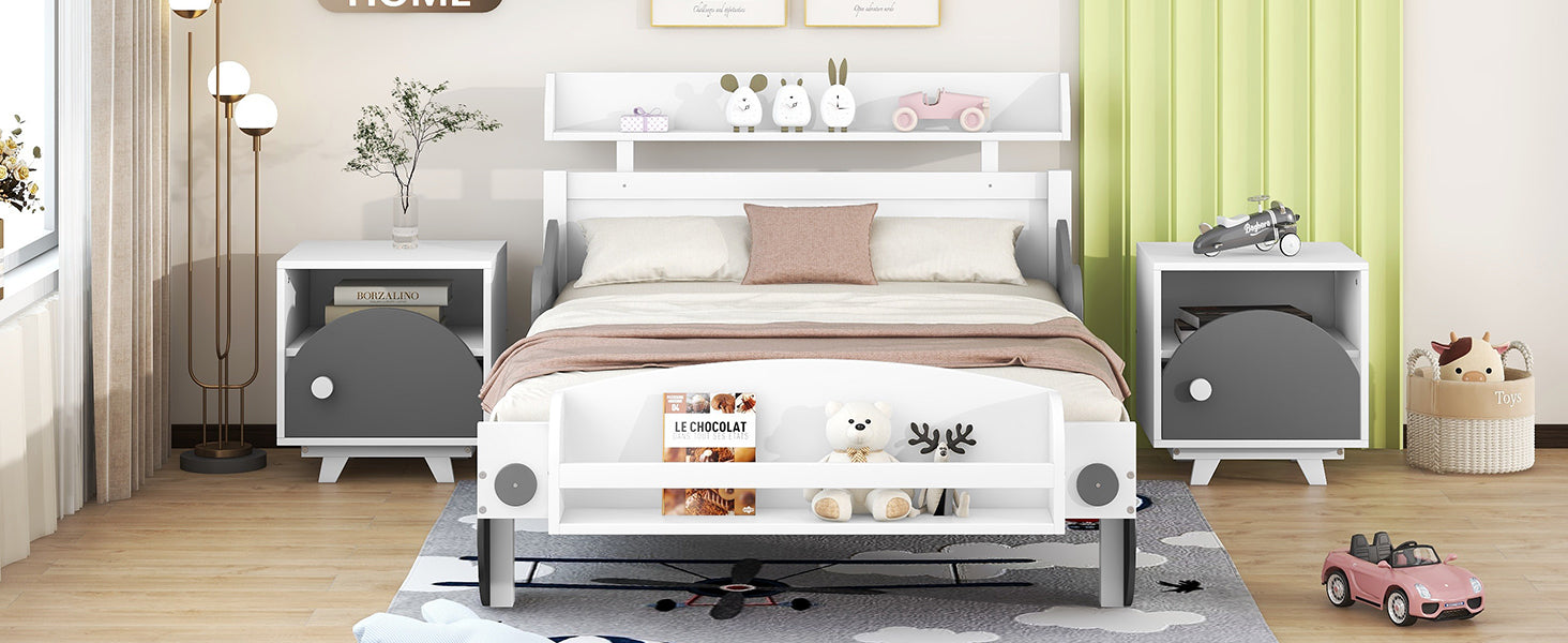 Twin Size Car Shaped Platform Bed,Twin Bed With Storage Shelf For Bedroom,White White Wood