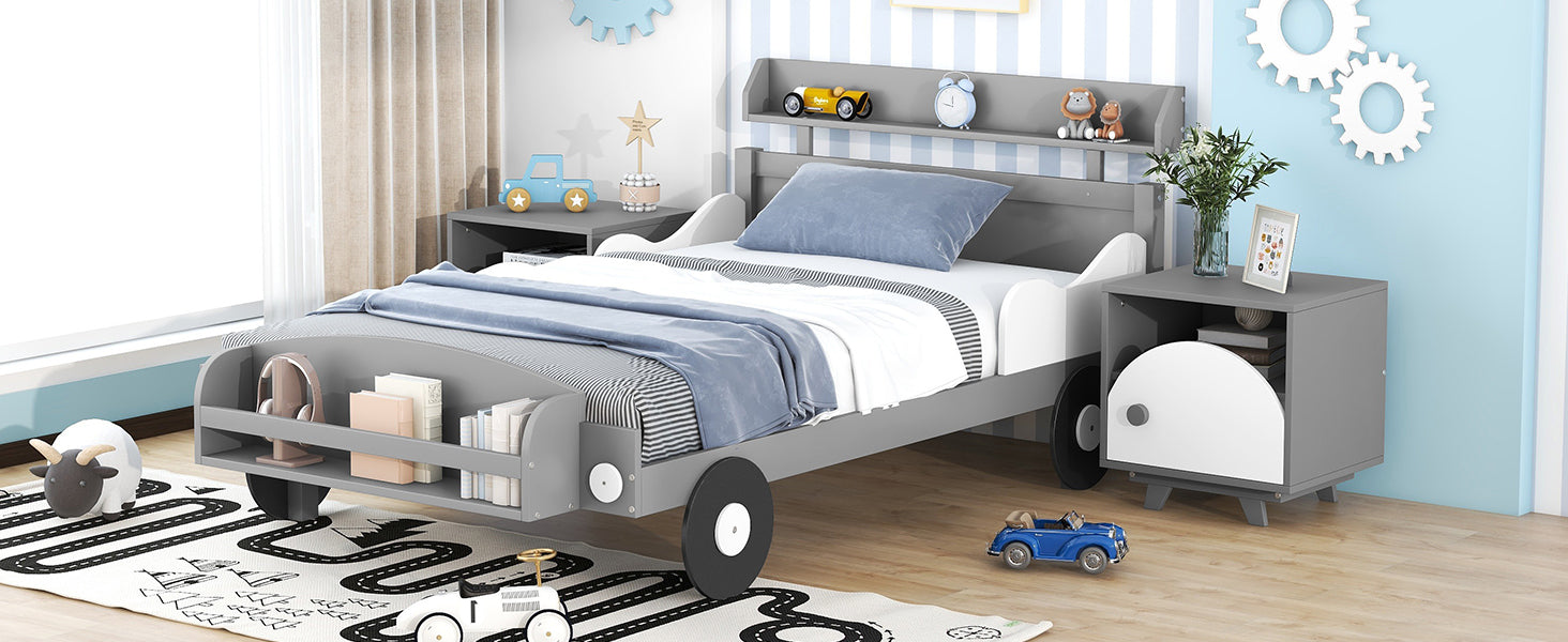 Twin Size Car Shaped Platform Bed,Twin Bed with gray-wood
