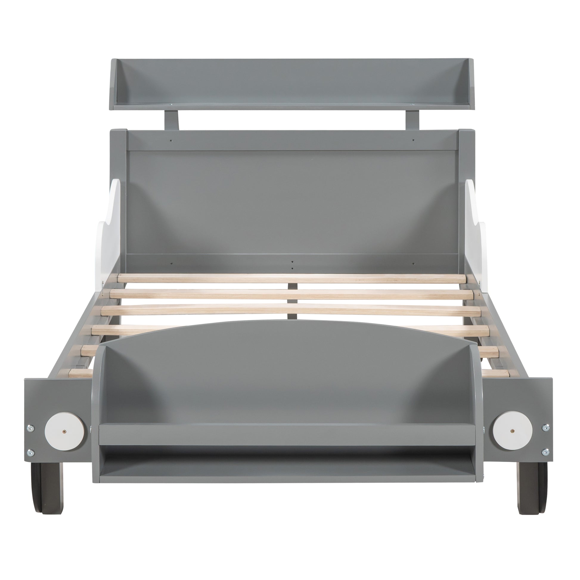 Twin Size Car Shaped Platform Bed,Twin Bed With Storage Shelf For Bedroom,Gray Gray Wood