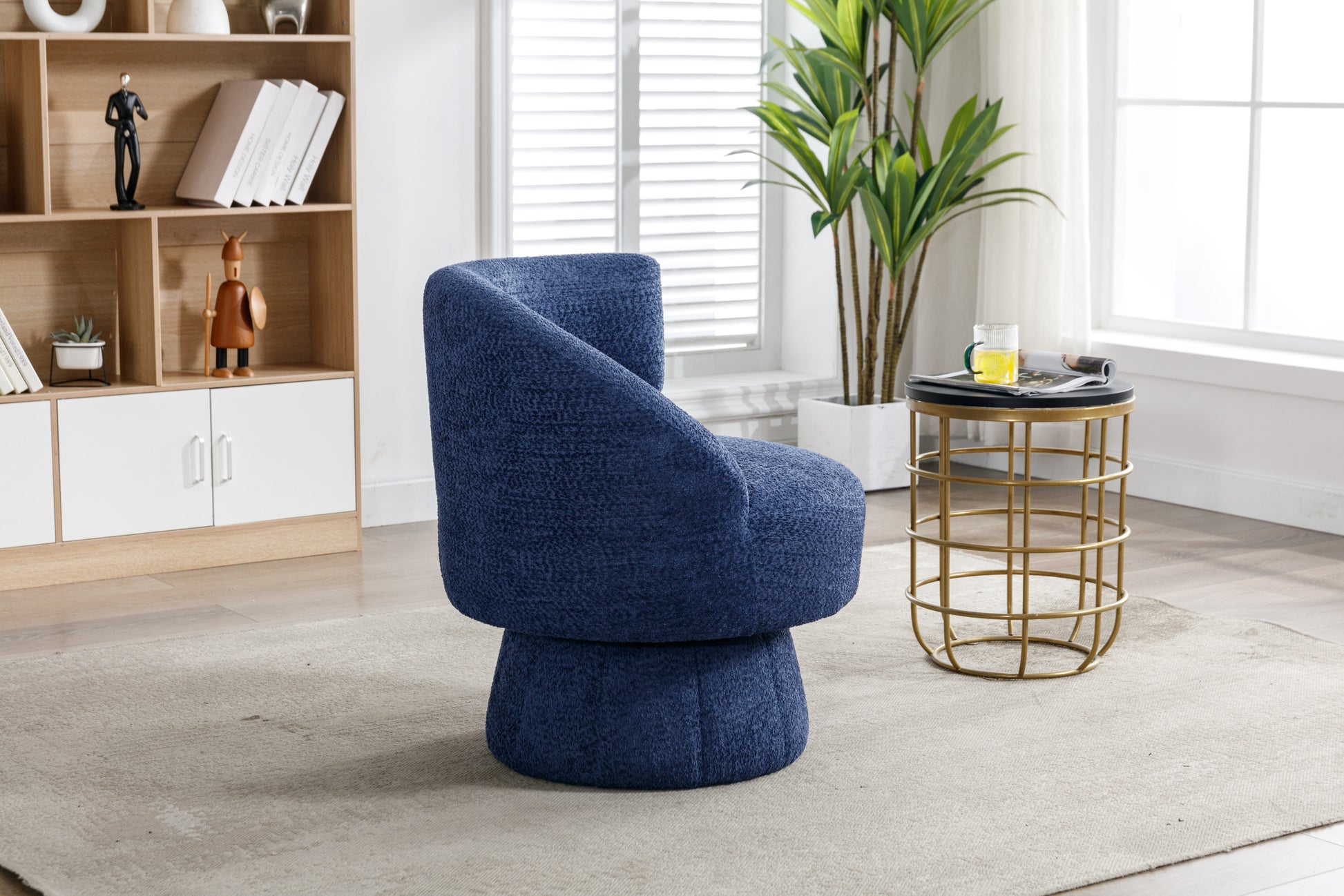 360 Degree Swivel Cuddle Barrel Accent Chairs, Round Armchairs With Wide Upholstered, Fluffy Fabric Chair For Living Room, Bedroom, Office, Waiting Rooms Navy Foam Boucle