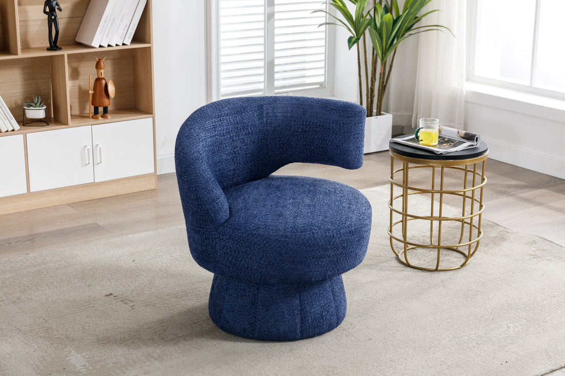 360 Degree Swivel Cuddle Barrel Accent Chairs, Round Armchairs With Wide Upholstered, Fluffy Fabric Chair For Living Room, Bedroom, Office, Waiting Rooms Navy Foam Boucle