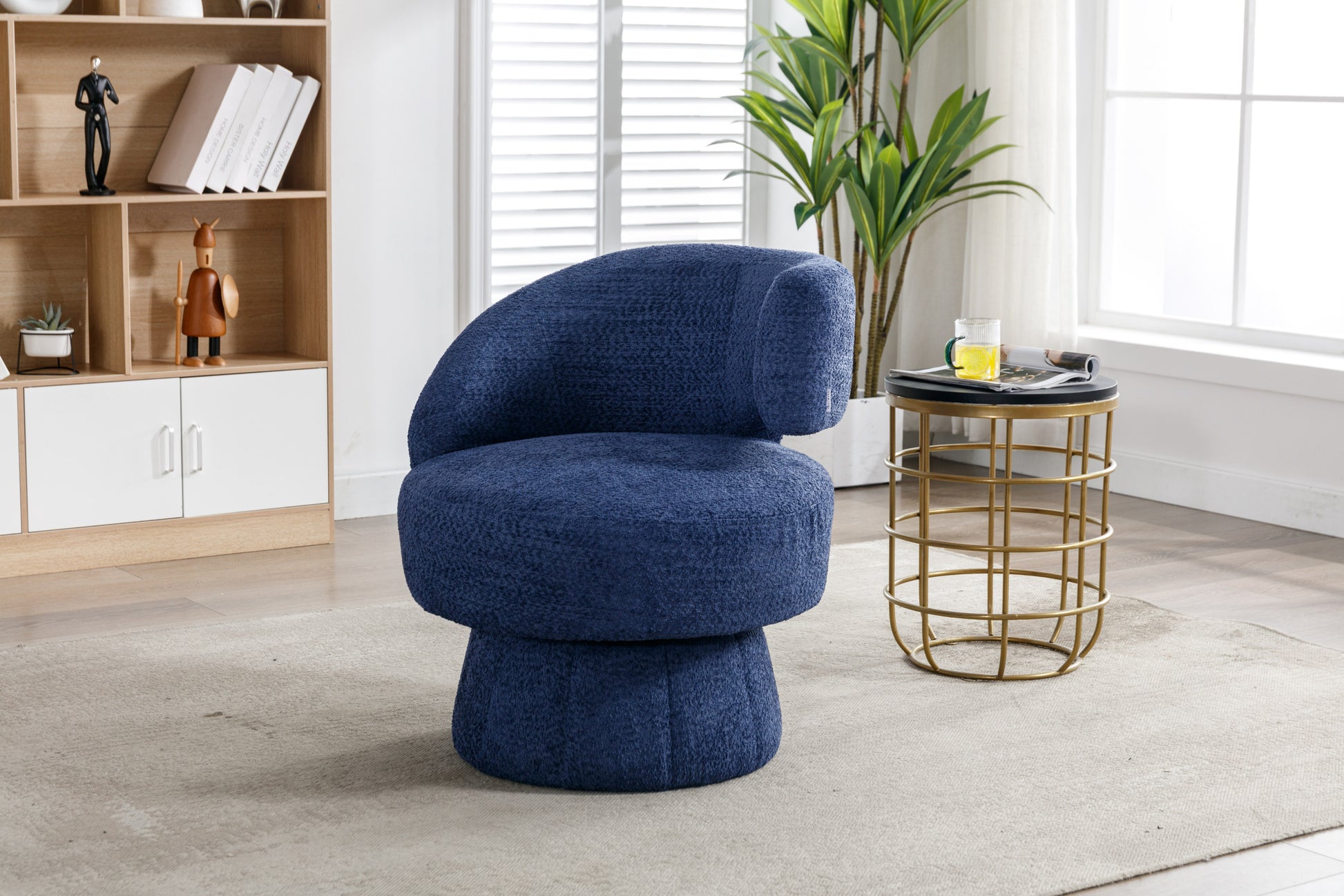 360 Degree Swivel Cuddle Barrel Accent Chairs, Round Armchairs With Wide Upholstered, Fluffy Fabric Chair For Living Room, Bedroom, Office, Waiting Rooms Navy Foam Boucle