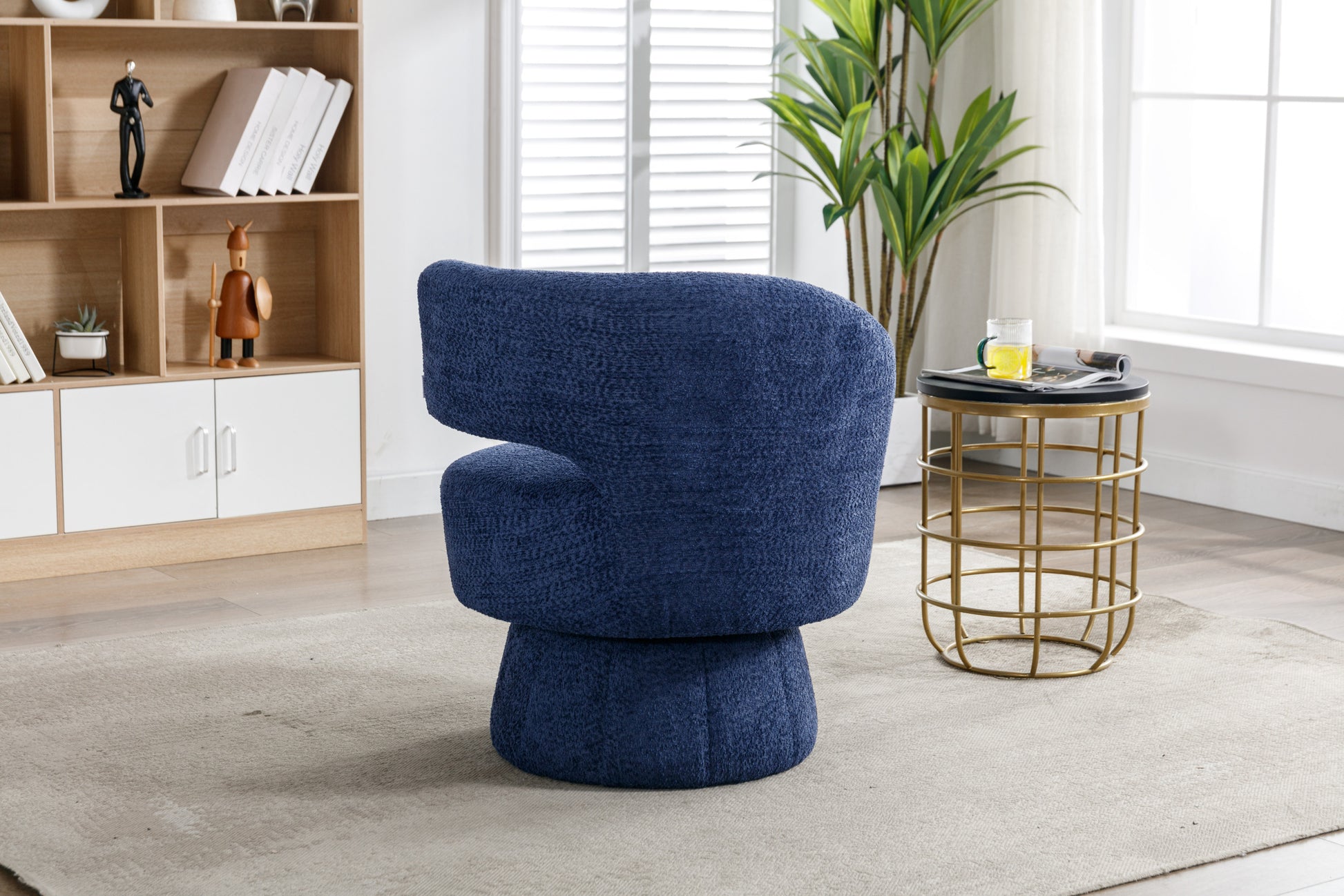 360 Degree Swivel Cuddle Barrel Accent Chairs, Round Armchairs With Wide Upholstered, Fluffy Fabric Chair For Living Room, Bedroom, Office, Waiting Rooms Navy Foam Boucle