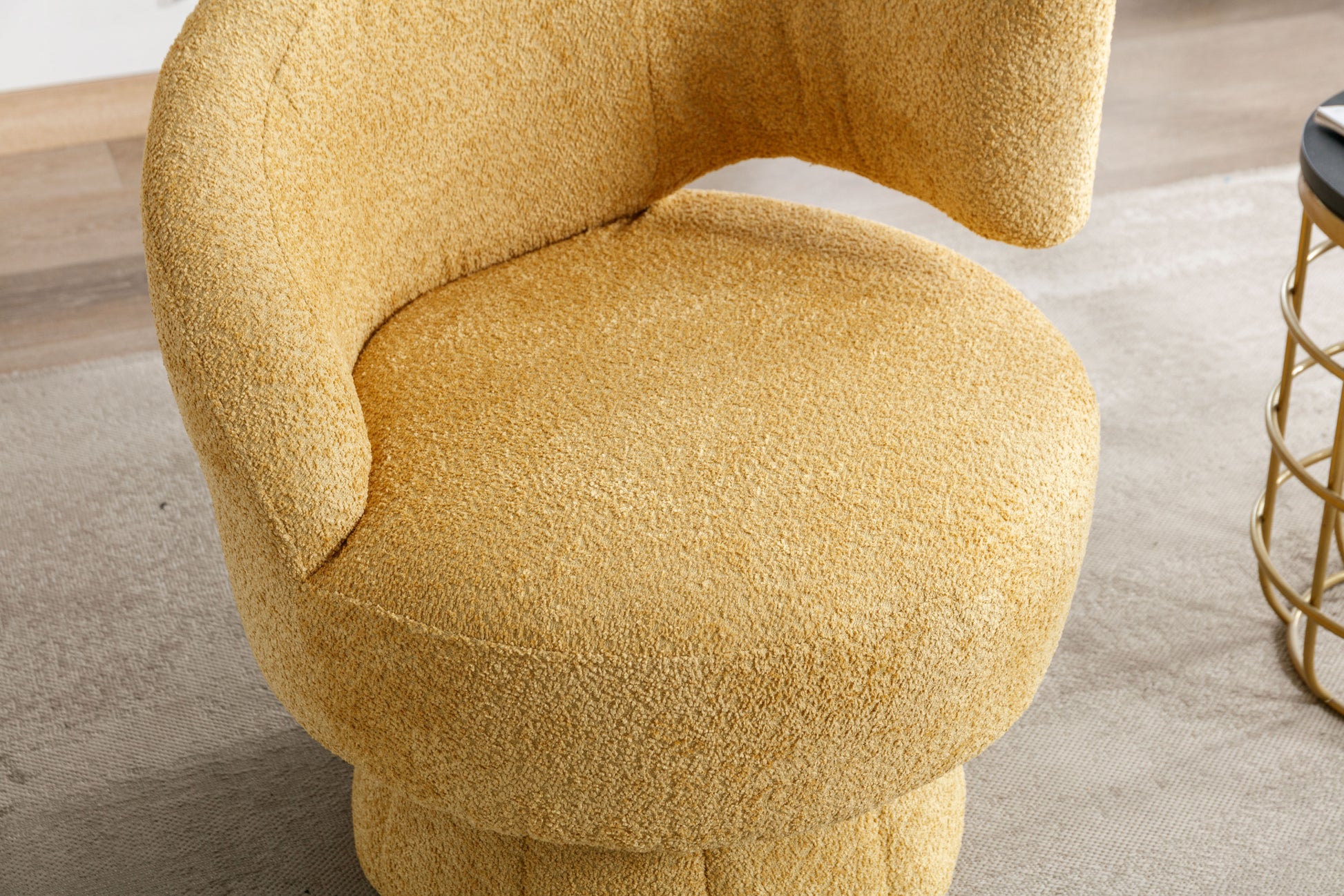 360 Degree Swivel Cuddle Barrel Accent Chairs, Round Armchairs With Wide Upholstered, Fluffy Fabric Chair For Living Room, Bedroom, Office, Waiting Rooms Yellow Foam Boucle