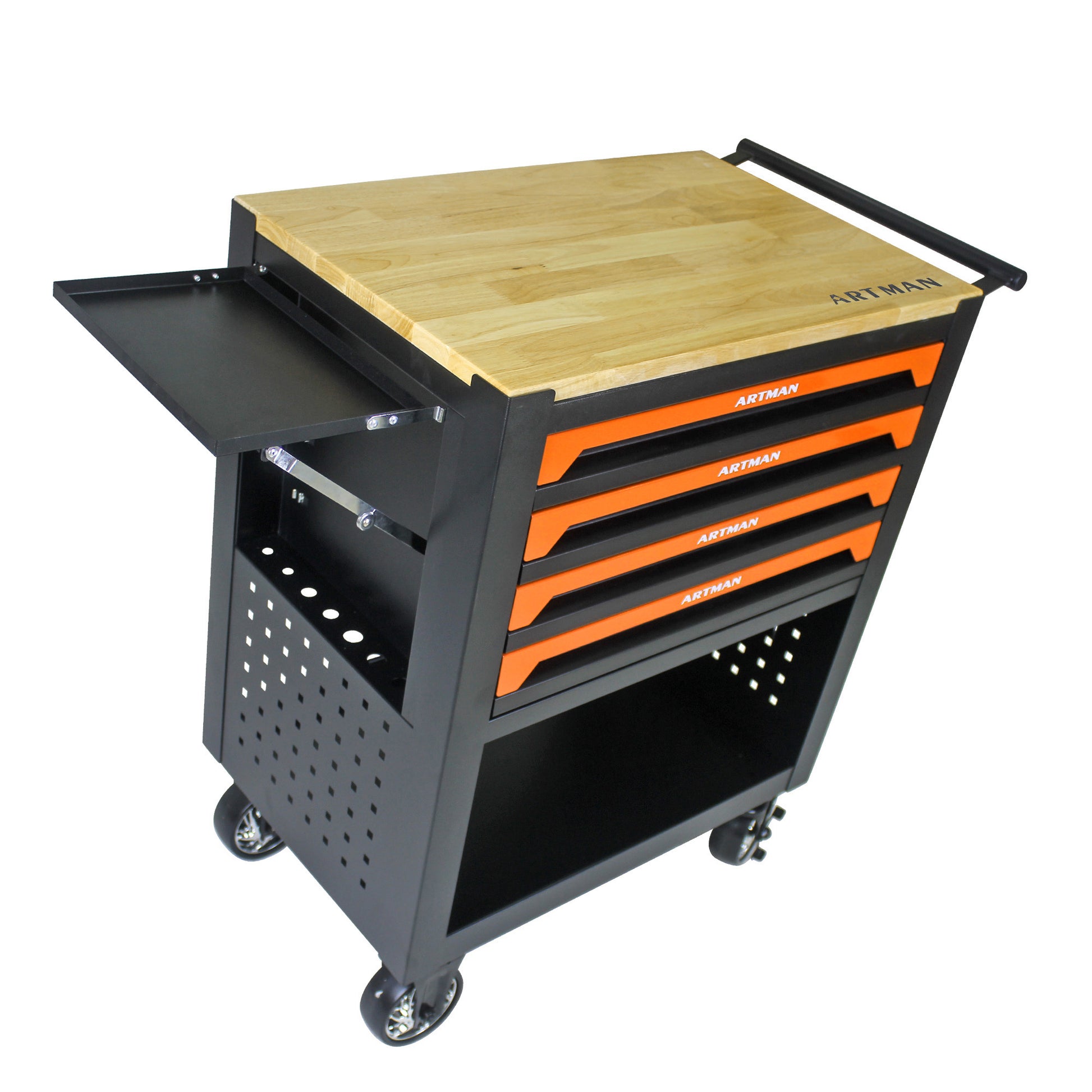 4 Drawers Multifunctional Tool Cart With Wheels And Wooden Top Orange Orange Metal