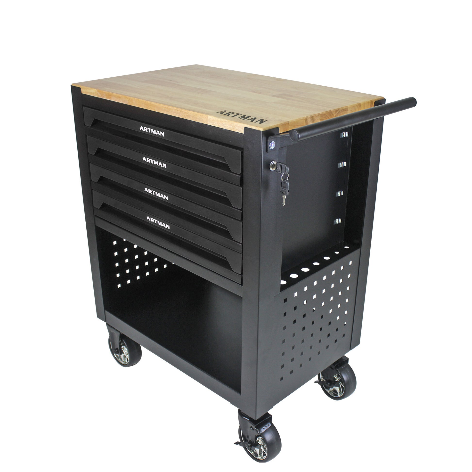 4 Drawers Multifunctional Tool Cart With Wheels And Wooden Top Black Black Metal