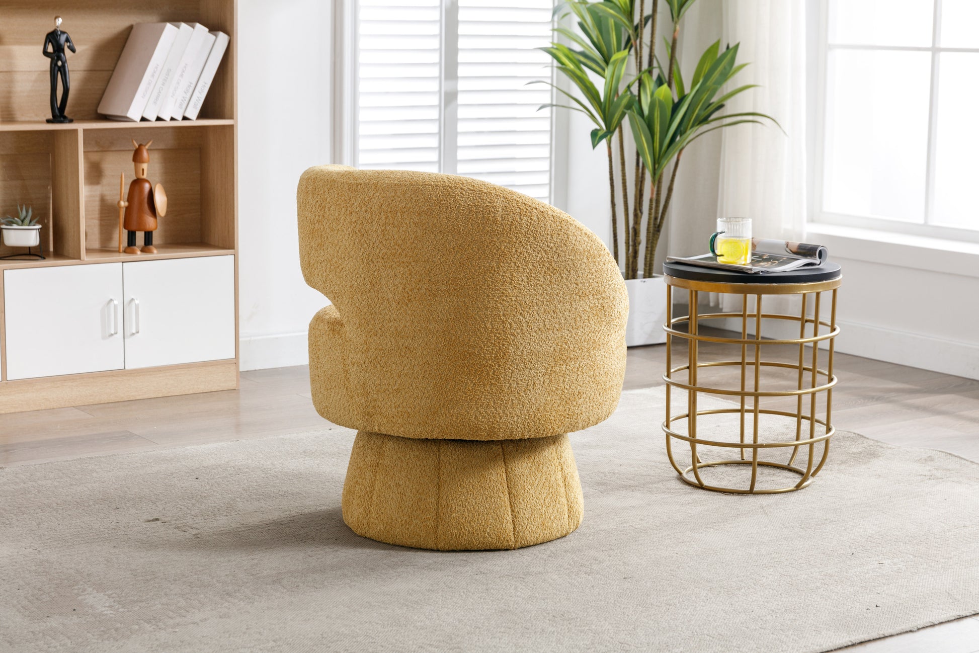 360 Degree Swivel Cuddle Barrel Accent Chairs, Round Armchairs With Wide Upholstered, Fluffy Fabric Chair For Living Room, Bedroom, Office, Waiting Rooms Yellow Foam Boucle