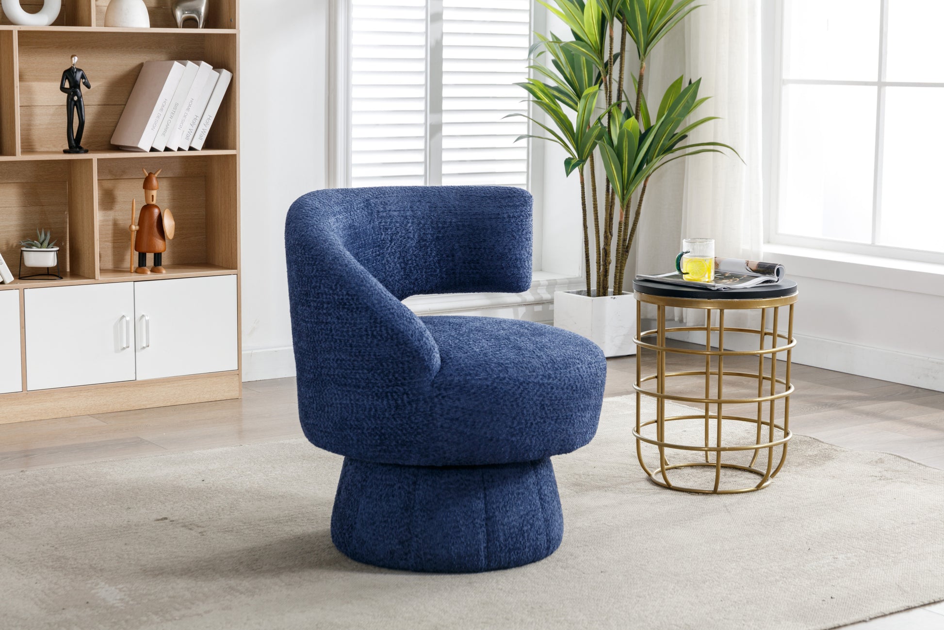 360 Degree Swivel Cuddle Barrel Accent Chairs, Round Armchairs With Wide Upholstered, Fluffy Fabric Chair For Living Room, Bedroom, Office, Waiting Rooms Navy Foam Boucle