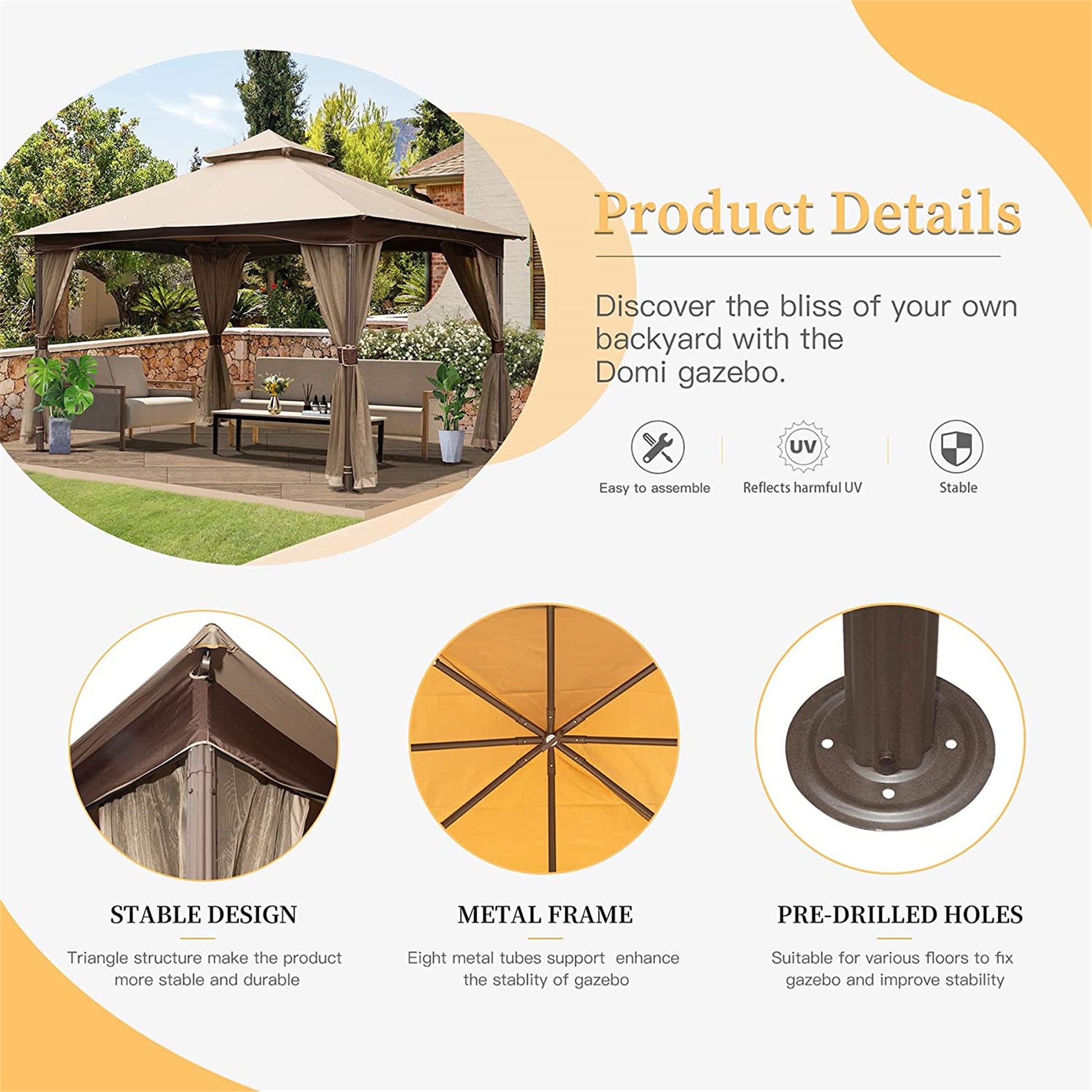 10'X13' Gazebo, Outdoor Gazebo With Mosquito Netting, Metal Frame Double Roof Soft Top Patio Gazebo Canopy Tent For Deck Backyard Garden Lawns Khaki Khaki Metal