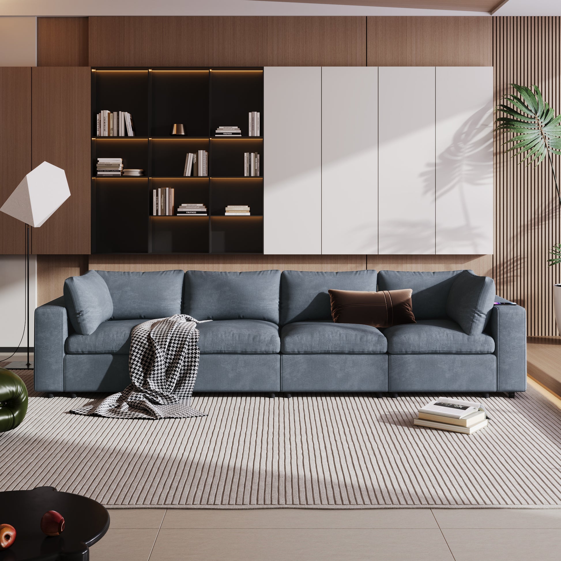 Upholstered Modular Sofa With Usb Charge Ports,Wireless Charging And Built In Bluetooth Speaker In Arm,Sectional Sofa For Living Room Apartment 4 Seater Gray Polyester 4 Seat