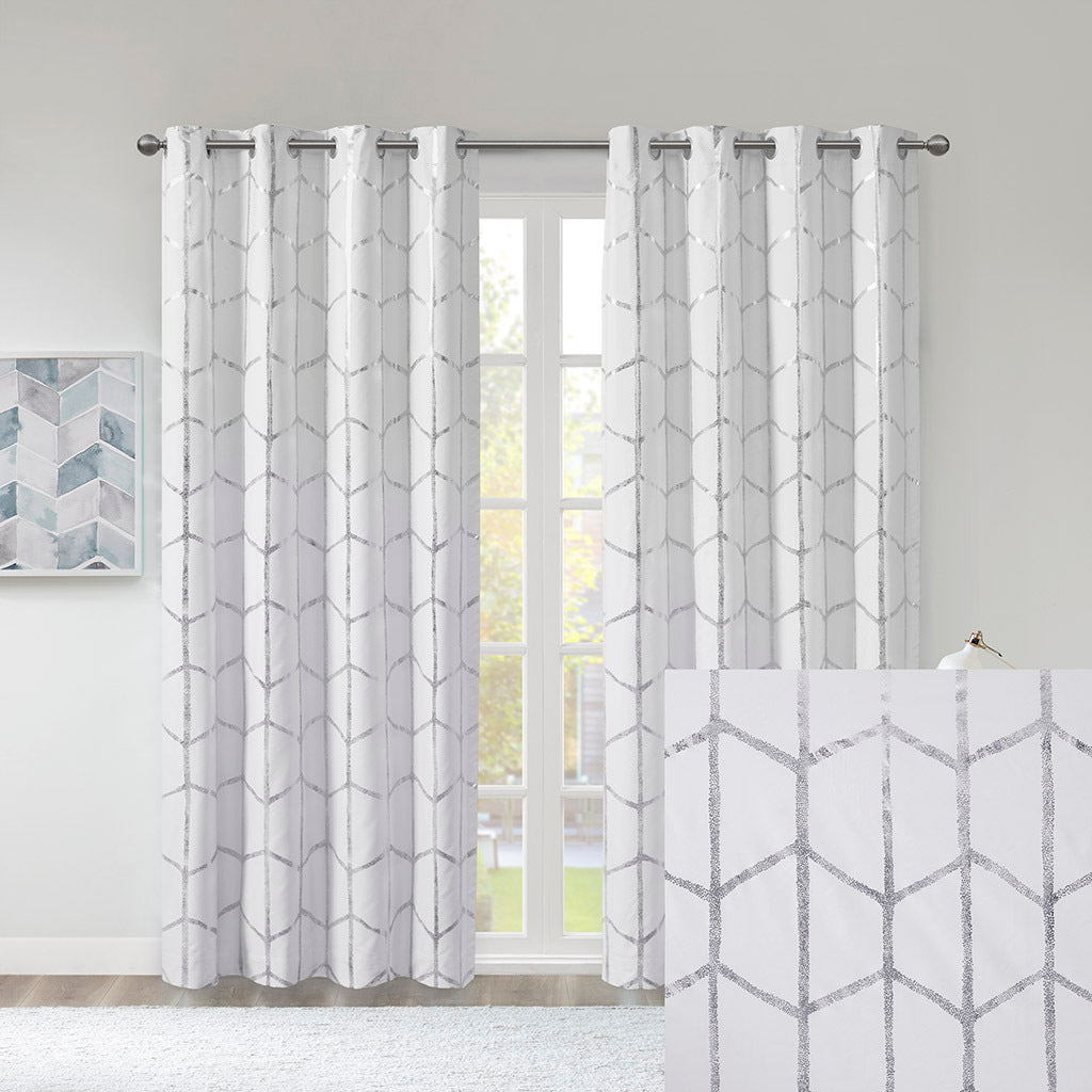 Total Blackout Metallic Print Grommet Top Curtain Panel Only 1 Pc Panel White Silver Polyester