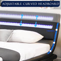 Modern Upholstered Platform Bed Frame With Led Lights Headboard, Faux Leather Wave Like Platform Bed Frame,Strong Wood Slats Support, Easy Assembly, Black, King Size Black Metal & Wood