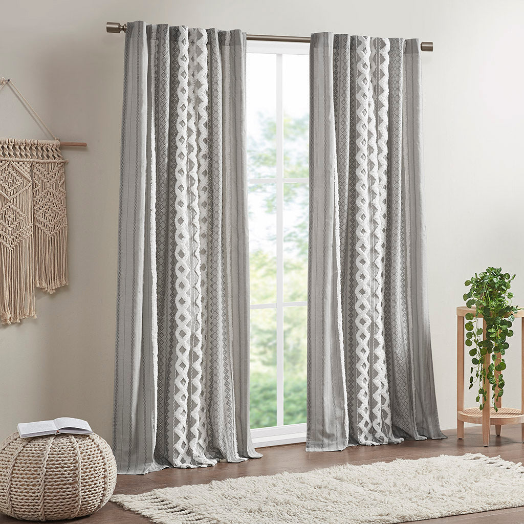 Cotton Printed Curtain Panel With Chenille Stripe And Lining Only 1 Pc Panel Gray Cotton