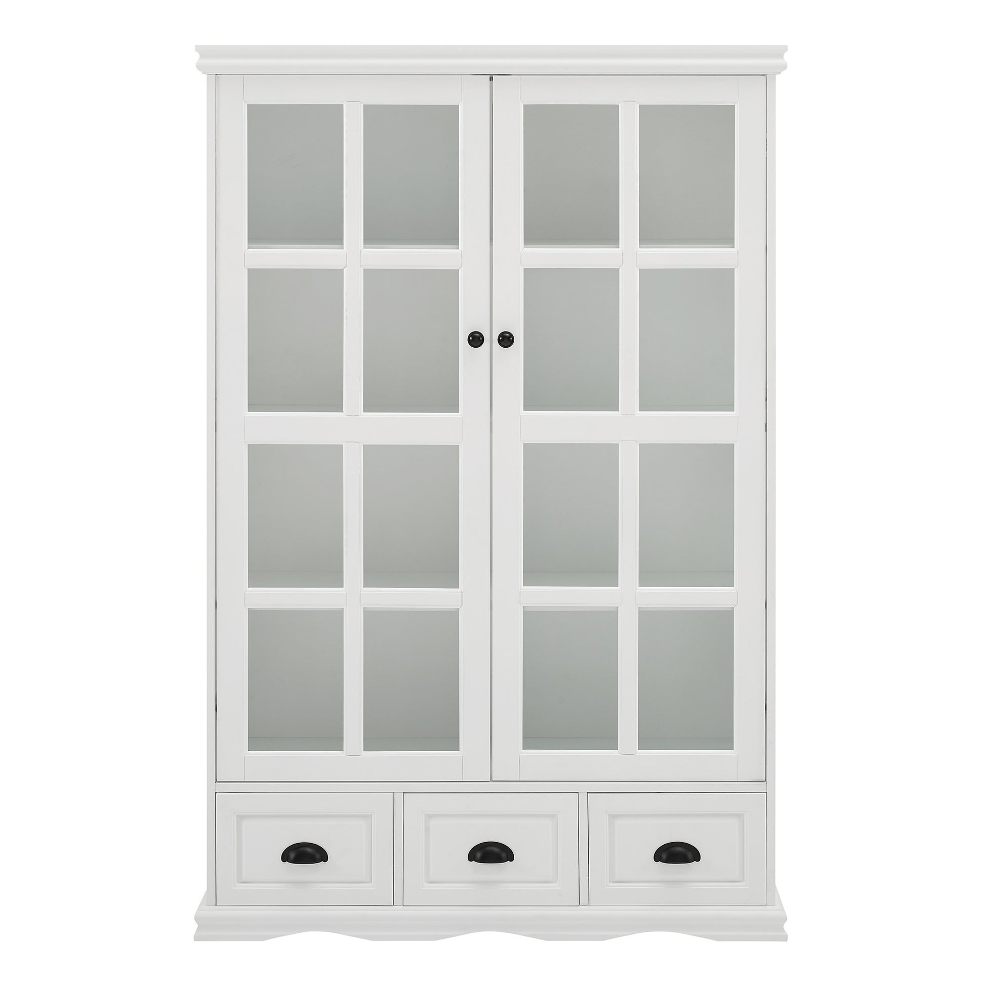 Storage Cabinet With Tempered Glass Doors Curio Cabinet With Adjustable Shelf Display Cabinet With Triple Drawers,White White Mdf