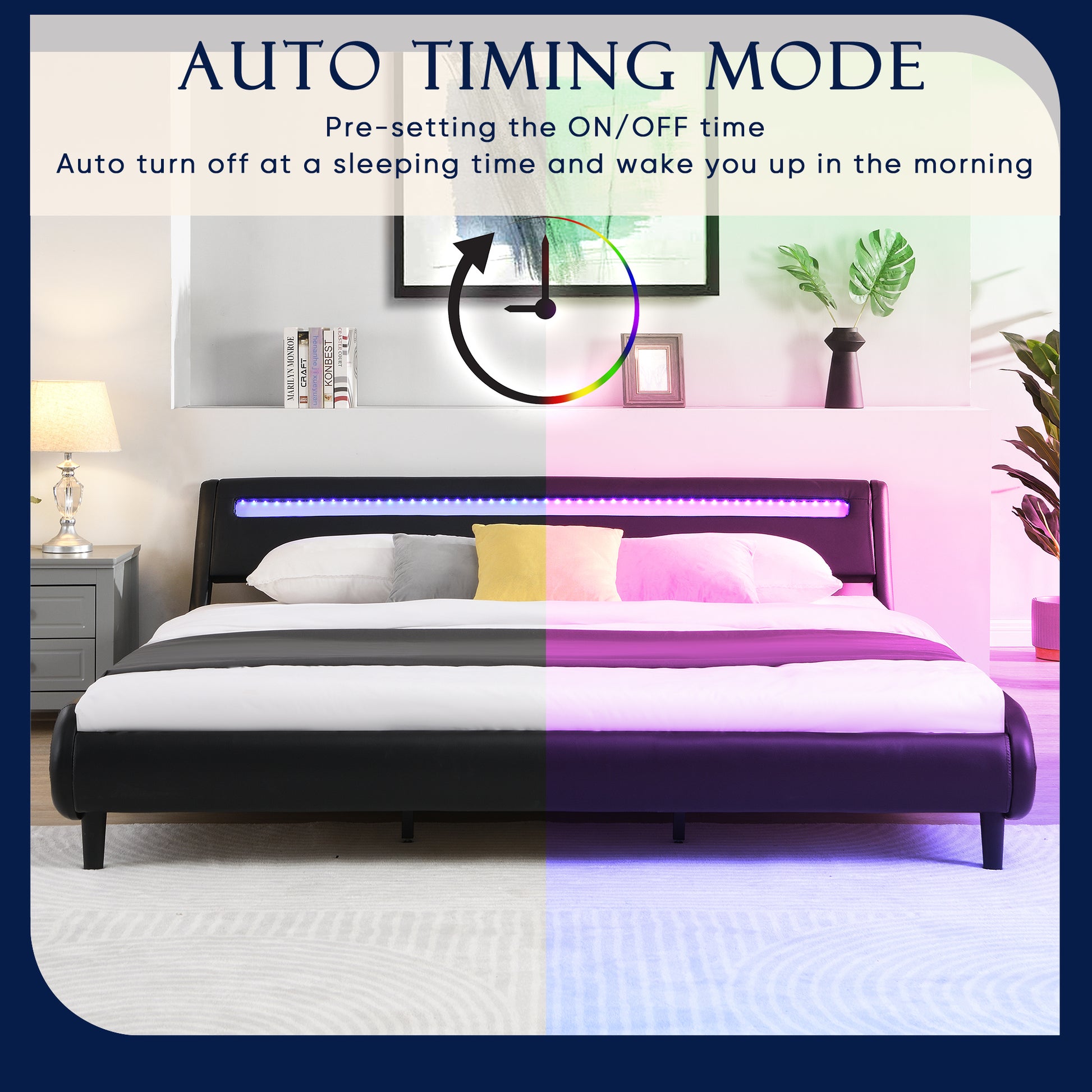 Modern Upholstered Platform Bed Frame With Led Lights Headboard, Faux Leather Wave Like Platform Bed Frame,Strong Wood Slats Support, Easy Assembly, Black, King Size Black Metal & Wood