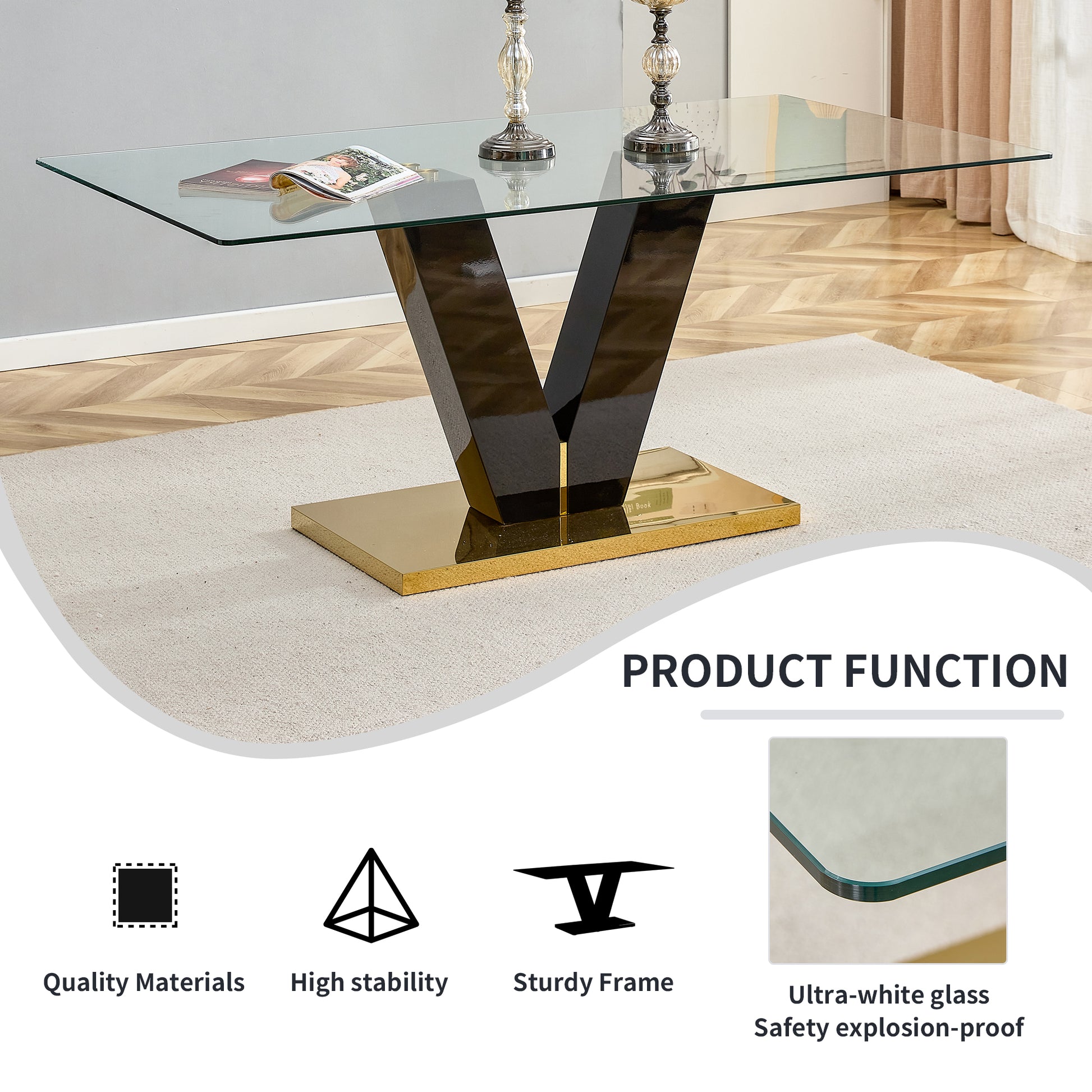 Large Modern Minimalist Rectangular Glass Dining Table For 6 8 With 0.4" Tempered Glass Tabletop And Mdf Slab V Shaped Bracket And Metal Base,For Kitchen Dining Living Meeting Room Banquet Hall F V