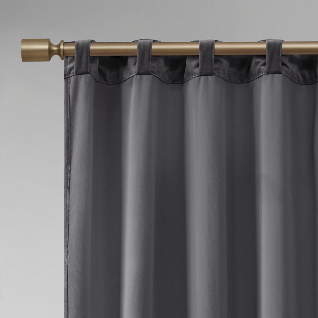 Room Darkening Poly Velvet Rod Pocket Back Tab Curtain Panel Pair 2 Pcs Window Panels Charcoal Polyester