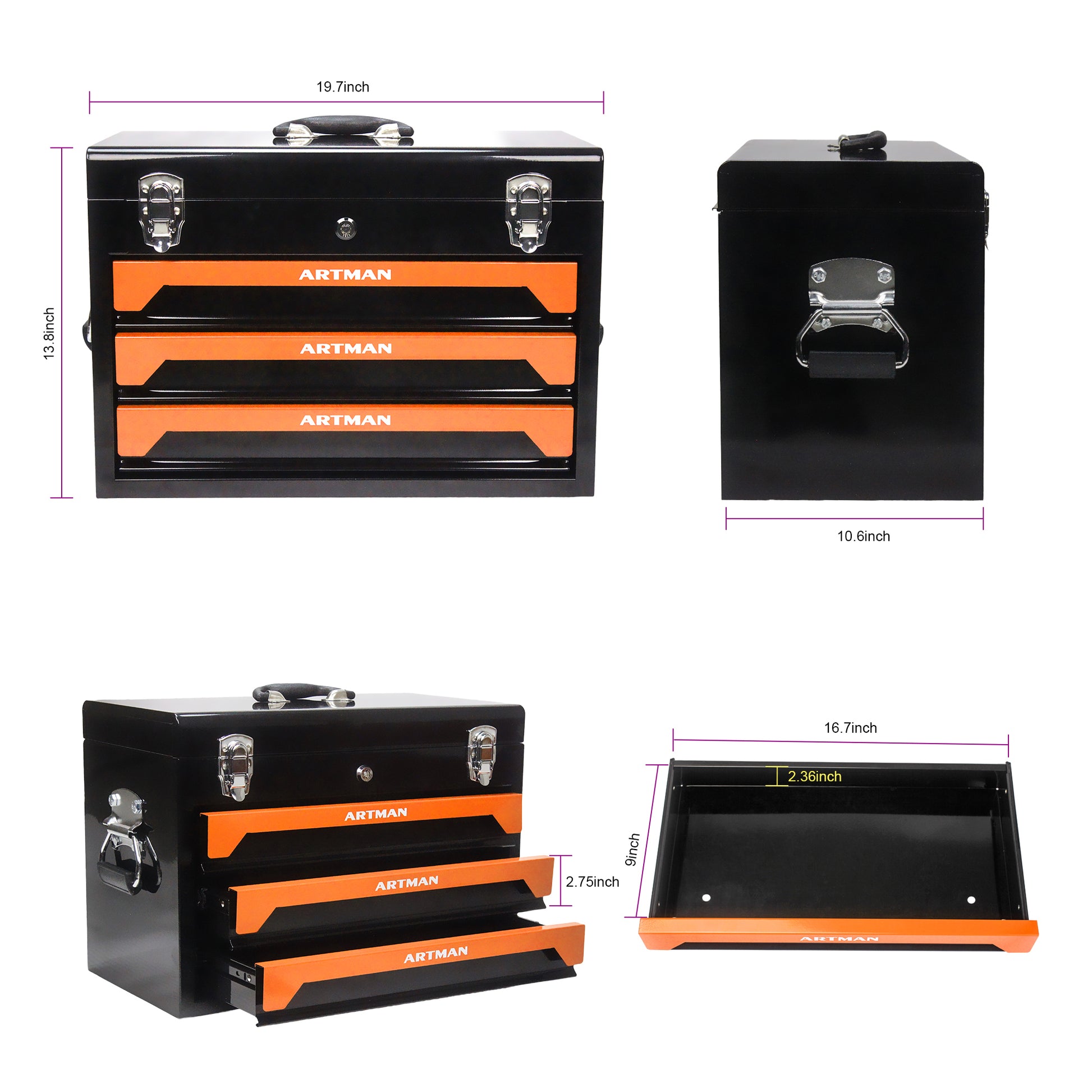3 Drawers Tool Box with Tool Set Orange orange-steel