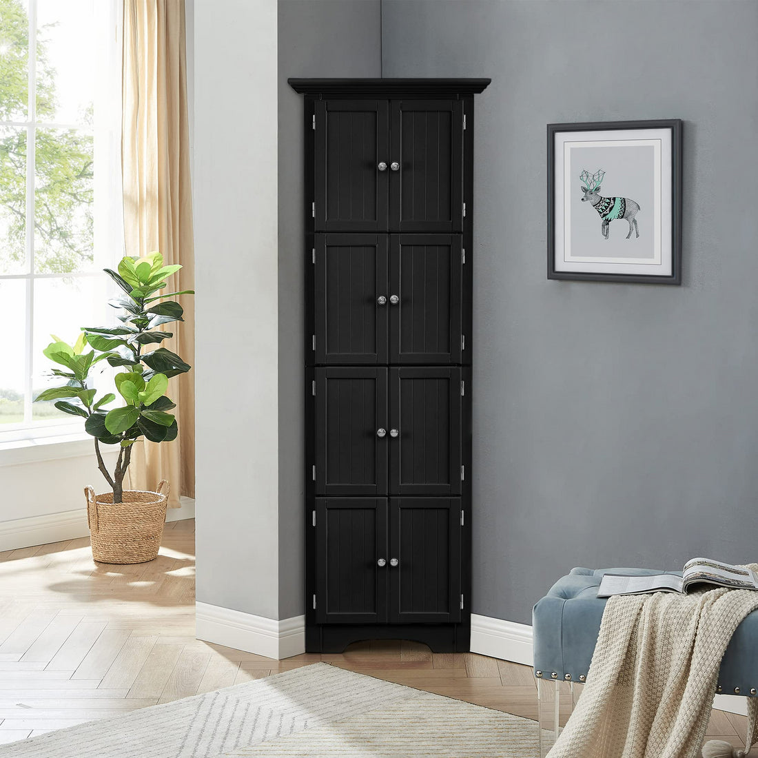 Tall Storage Cabinet With Doors And 4 Shelves For Living Room, Kitchen, Office, Bedroom, Bathroom, Modern, Black Black Mdf