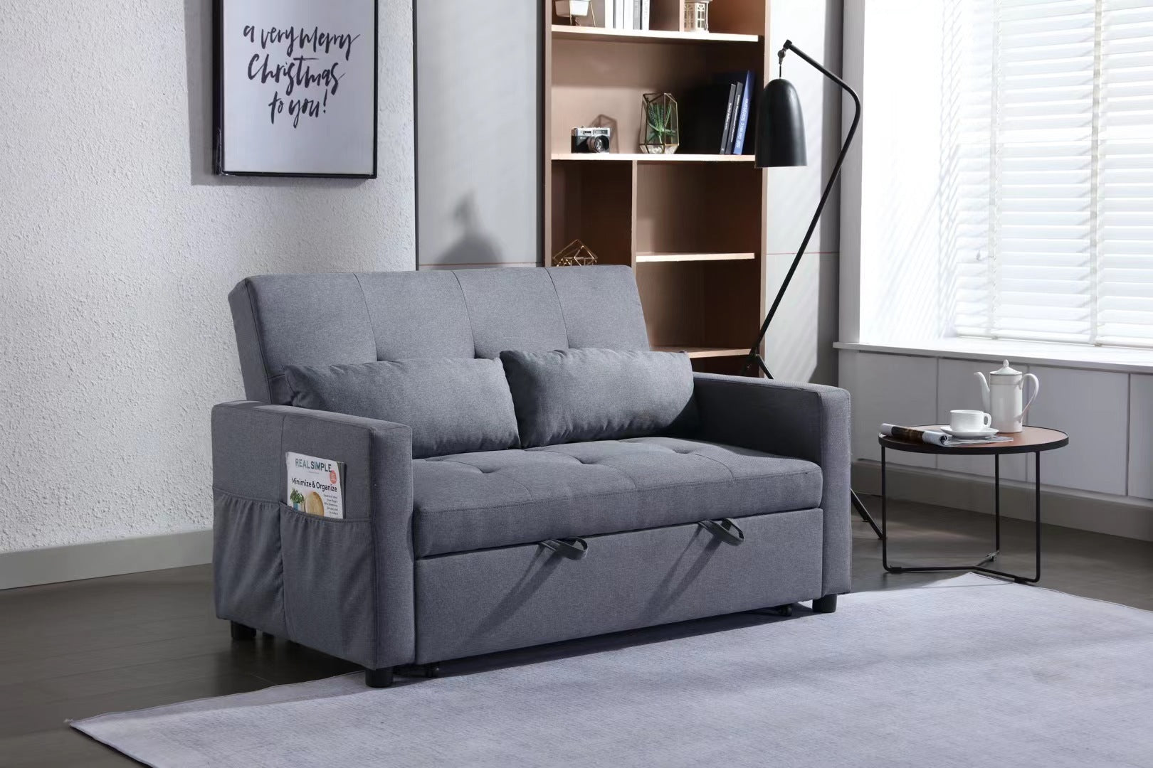 2 Seaters Slepper Sofa Bed.Dark Grey Linen Fabric 3 In 1 Convertible Sleeper Loveseat With Side Pocket. Dark Grey Linen