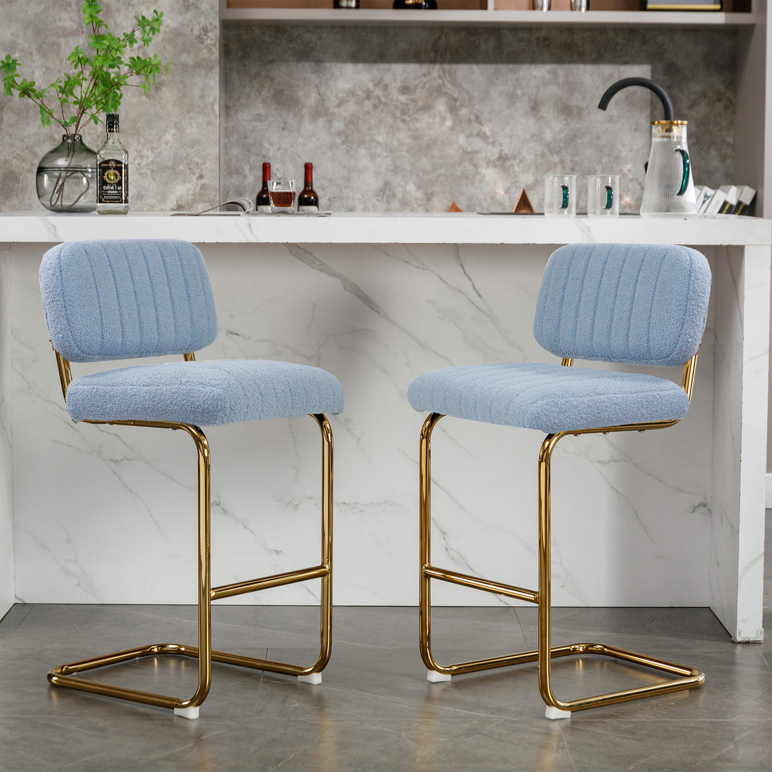 Mid Century Modern Counter Height Bar Stools For Kitchen Set Of 2, Armless Bar Chairs With Gold Metal Chrome Base For Dining Room, Upholstered Boucle Fabric Counter Stools, Blue Blue Faux Fur