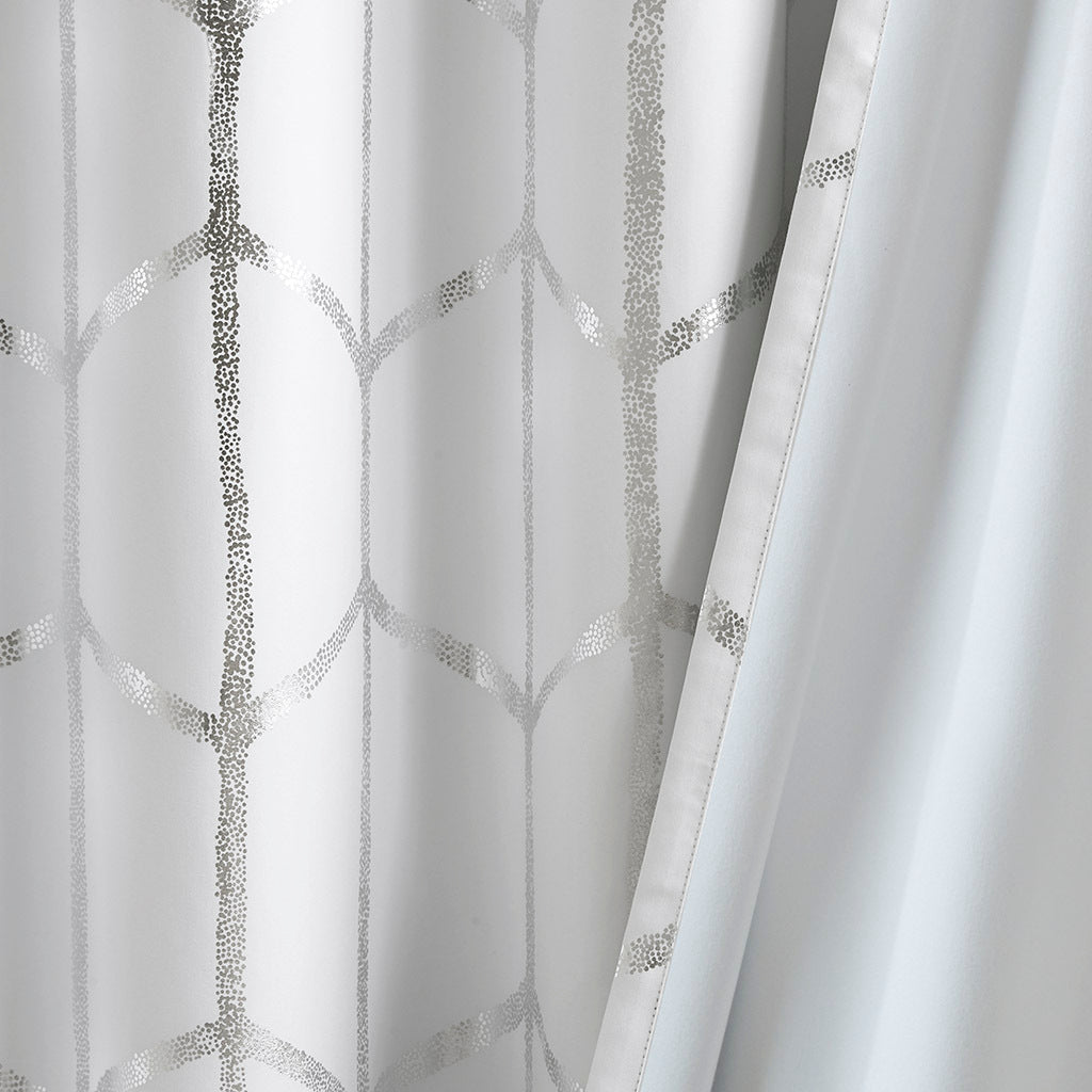 Total Blackout Metallic Print Grommet Top Curtain Panel Only 1 Pc Panel White Silver Polyester