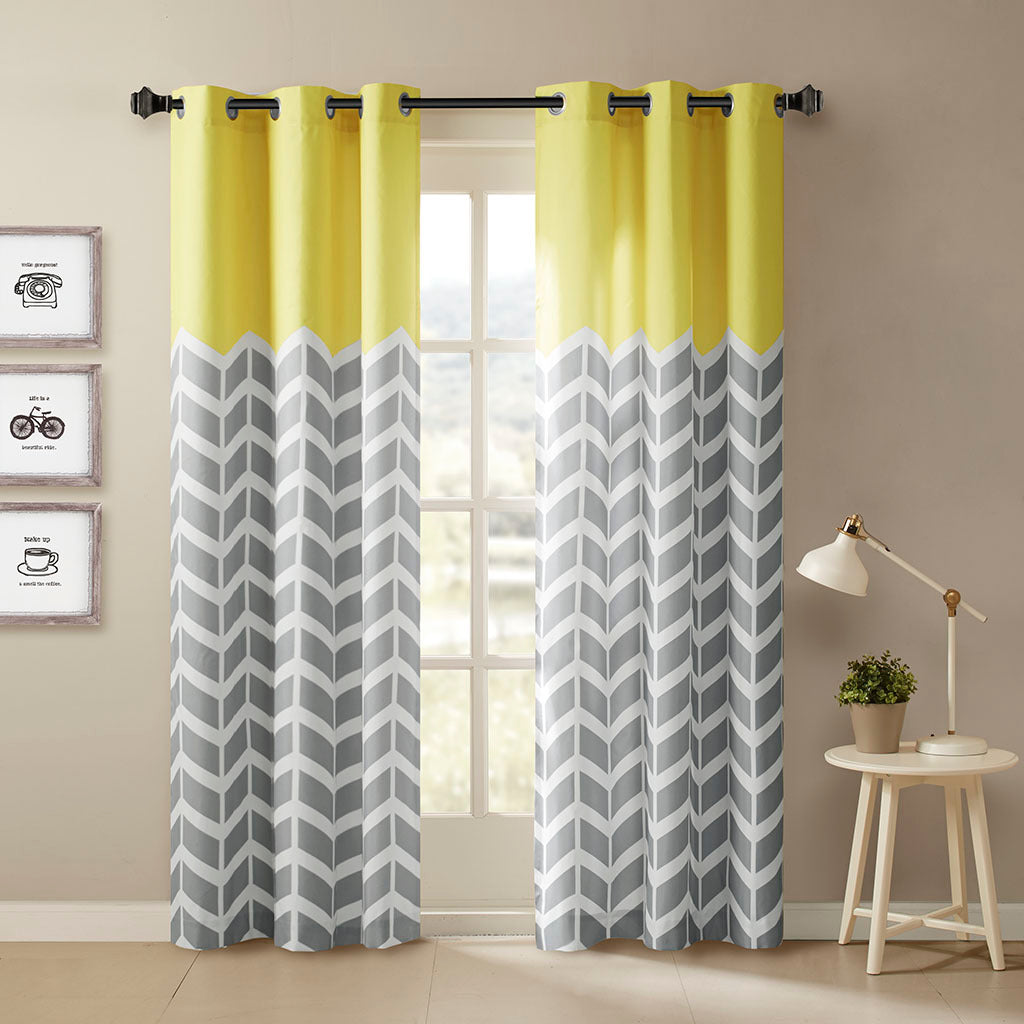 Chevron Printed Room Darkening Grommet Top Panel Pair Yellow Polyester