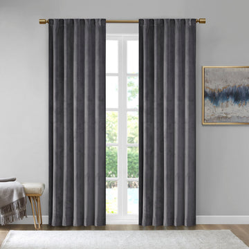 Room Darkening Poly Velvet Rod Pocket Back Tab Curtain Panel Pair 2 Pcs Window Panels Charcoal Polyester