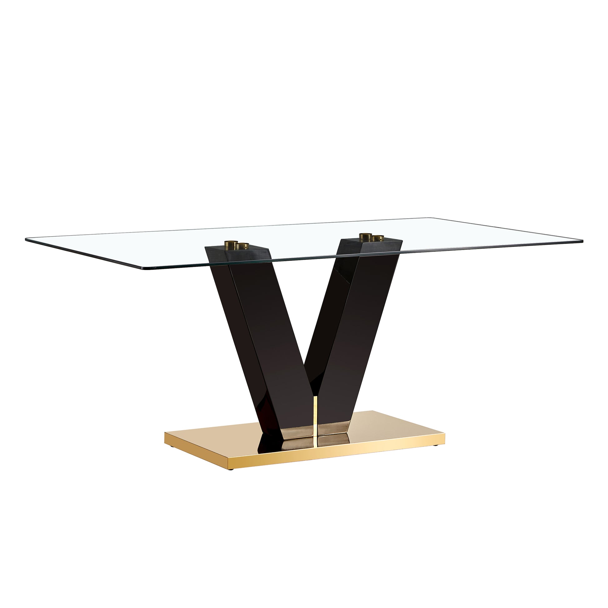 Large Modern Minimalist Rectangular Glass Dining Table For 6 8 With 0.4" Tempered Glass Tabletop And Mdf Slab V Shaped Bracket And Metal Base,For Kitchen Dining Living Meeting Room Banquet Hall F V