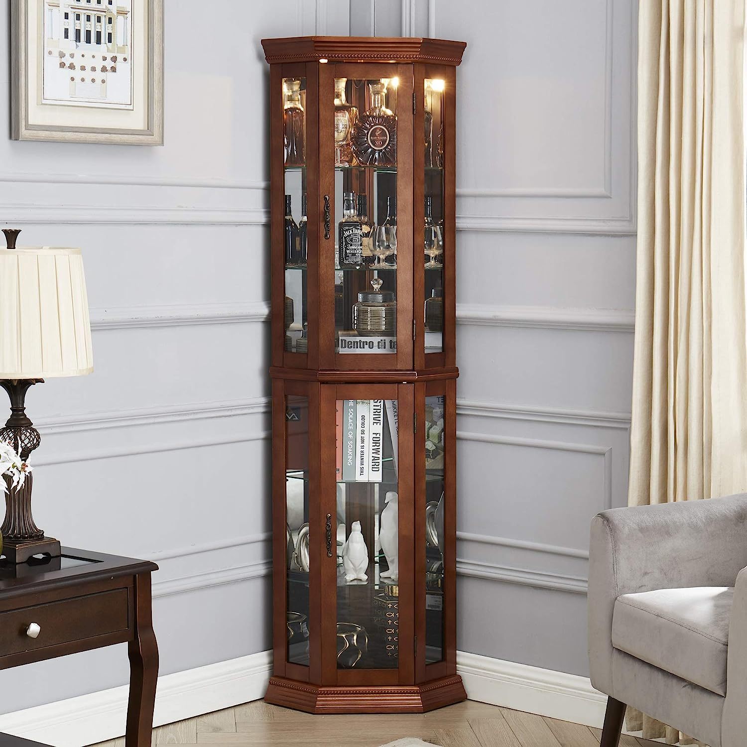 Corner Curio Cabinet with Lights, Adjustable Tempered oak-mdf