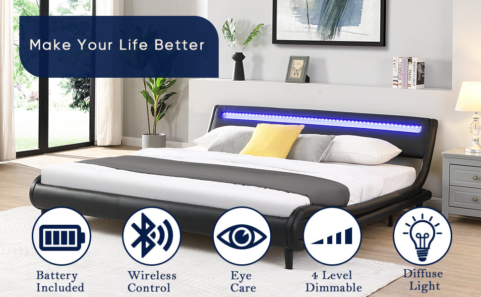 Modern Upholstered Platform Bed Frame With Led Lights Headboard, Faux Leather Wave Like Platform Bed Frame,Strong Wood Slats Support, Easy Assembly, Black, King Size Black Metal & Wood