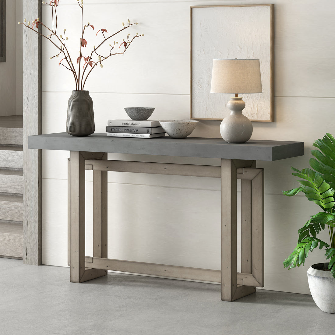 Contemporary Console Table With Wood Top, Extra Long Entryway Table For Entryway, Hallway, Living Room, Foyer, Corridor Gray Solid Wood Mdf