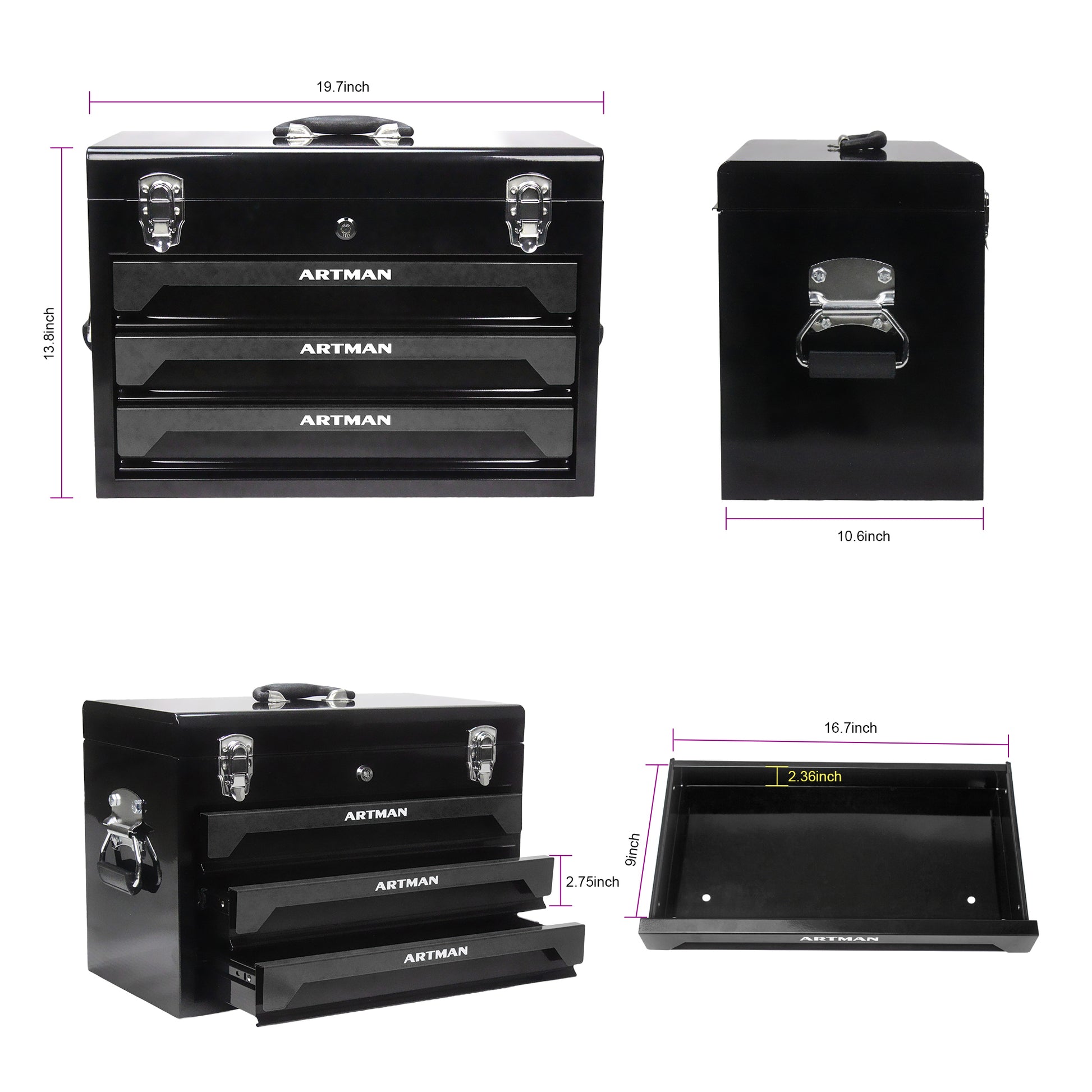 3 Drawers Tool Box with Tool Set black-steel